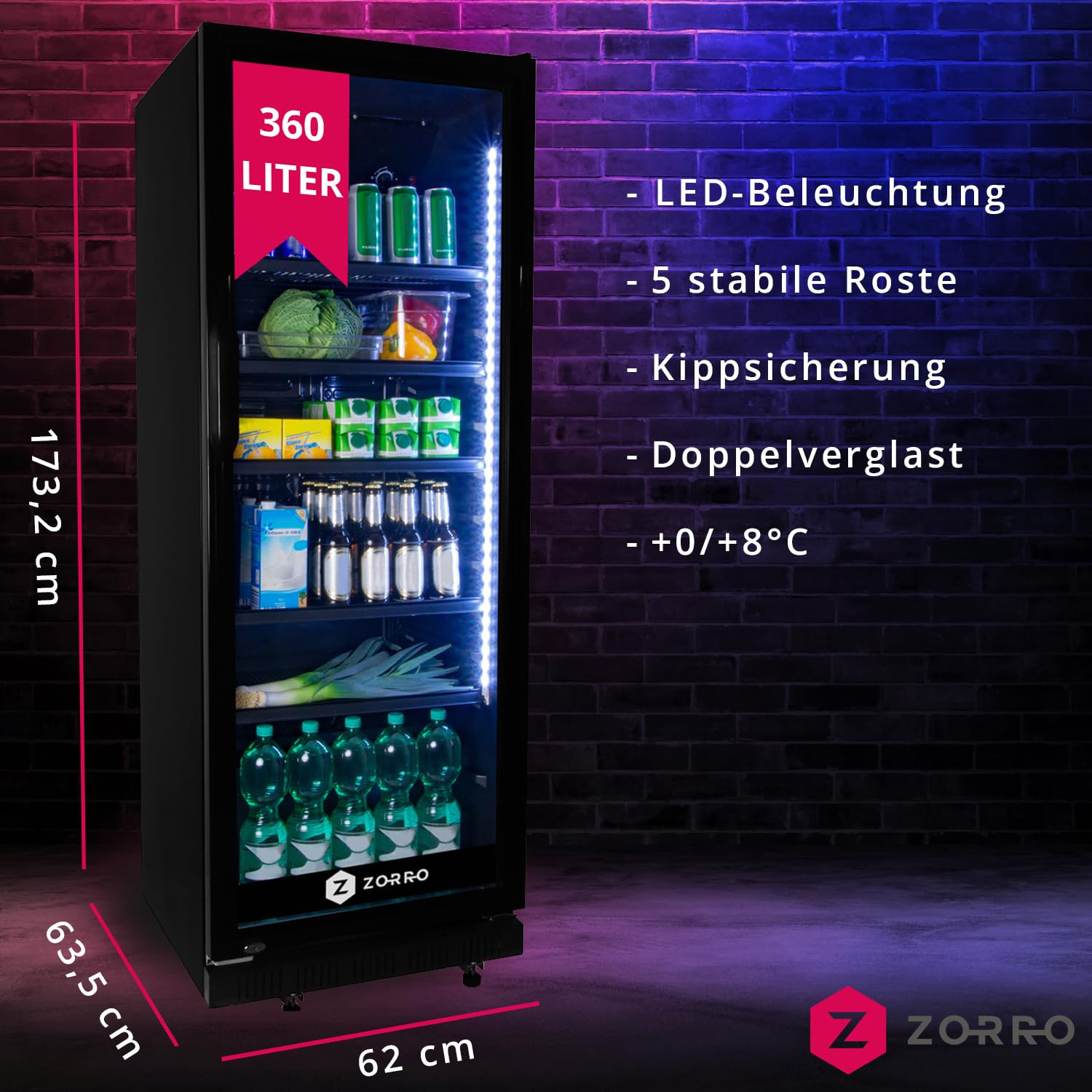 ZORRO Getränkekühlschrank ZKB 360 Liter schwarz Flaschenkühlschrank Kühlschrank mit Glastüre Gastro Getränkekühler