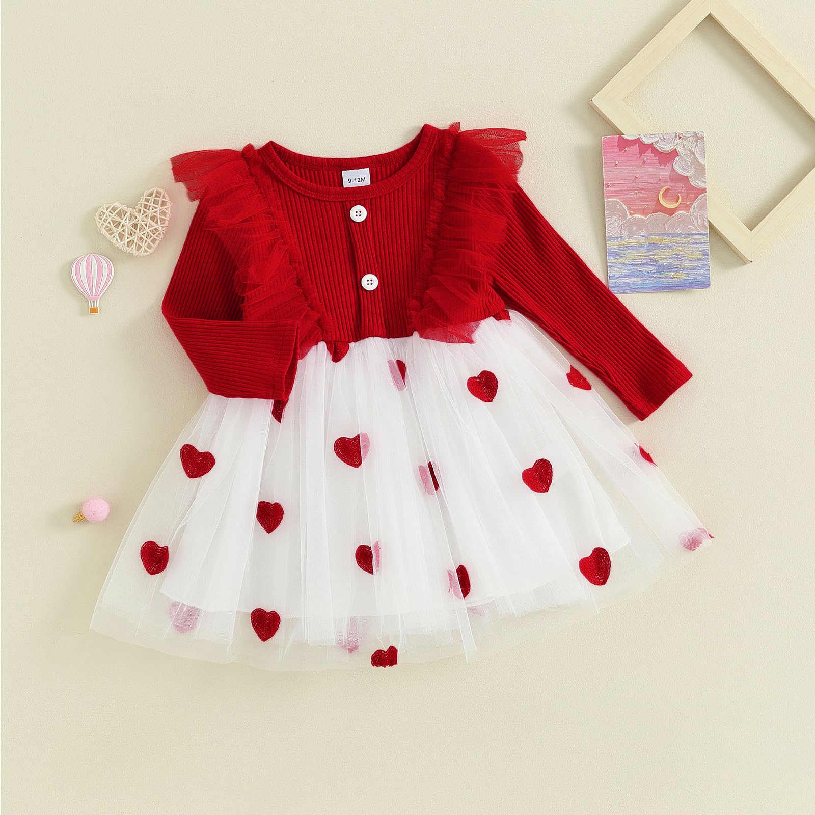 Vestito da bambina per San Valentino, lavorato a maglia, con volant, a maniche lunghe, in tulle, con gonna a tutù, per primavera e autunno