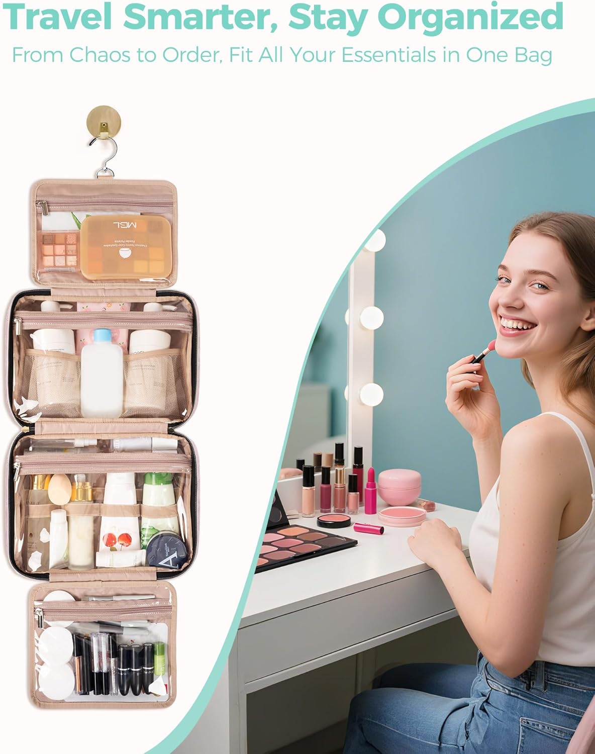 Travel Hanging Toiletry Bag for Women, Water-Resistant Cosmetic Organizer with 4 Compartments & 360° Swivel Hook, TSA-Approved Makeup Bag for Shampoo, Full Sized Container, Toiletries (Pink) - Image 2