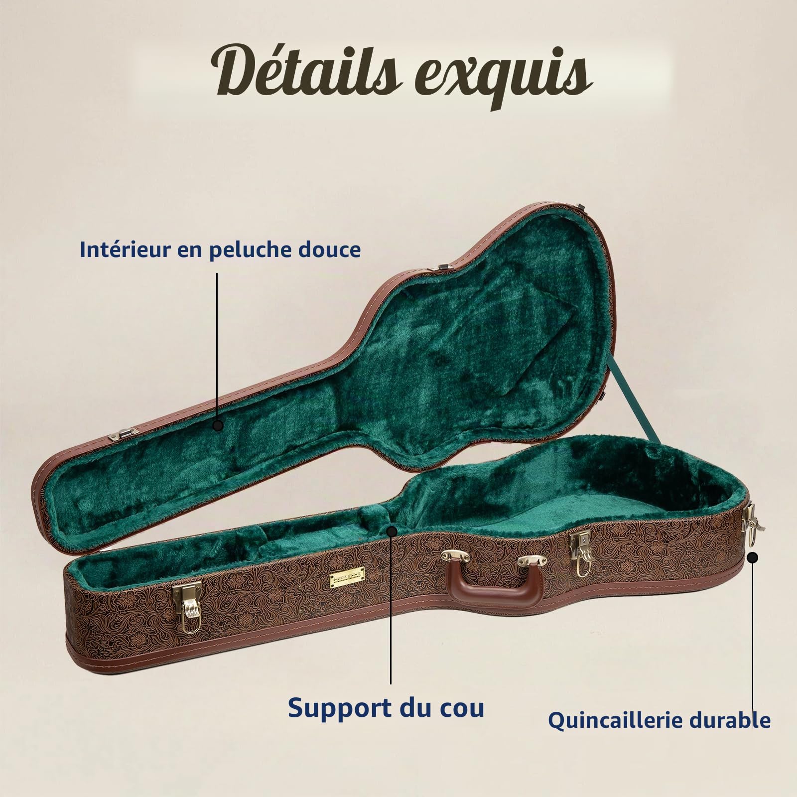 Crossrock Étui Rigide en Bois pour Guitare Classique 4/4 | Finition Cuir synthétique Blossom Brown, intérieur Velours Vert forêt, Serrure – Designer Series