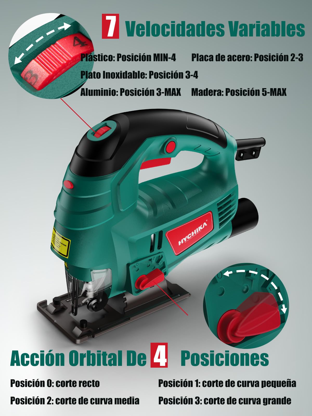 HYCHIKA Sierra de Calar 800W, Caladora con Láser, 800-3000SPM Motor de Cobre, ±45°Corte, 7 Velocidades Ajustables, Sierra Calar Eléctrica con 6 Hojas para Cotar Metal, Madera y Plástico