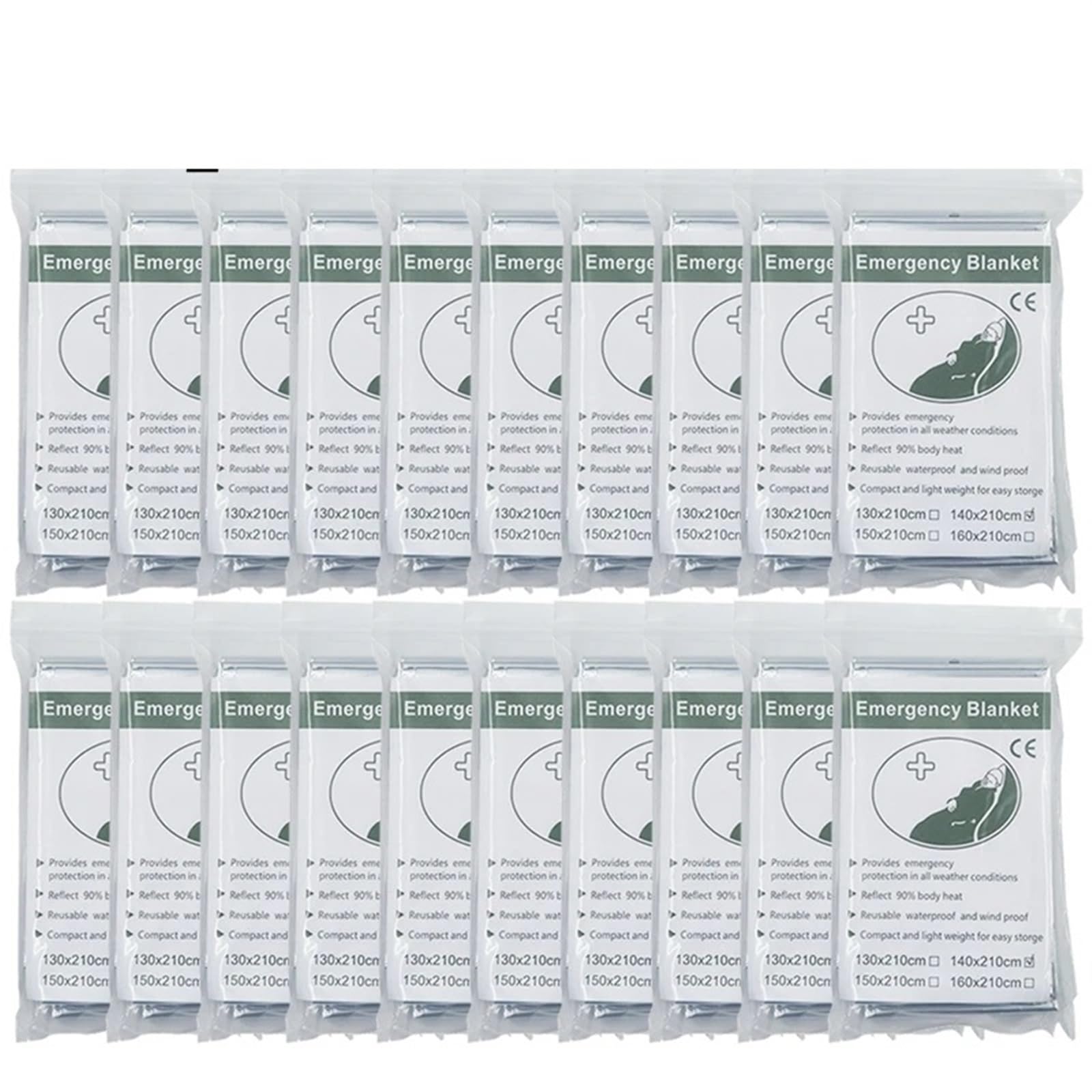 5/1020 Uds Manta térmica portátil de Supervivencia de Emergencia for Exteriores Manta Impermeable a Prueba de Viento Cubierta Reutilizable 210x13 0/160cm(130X210cm 20PCS)