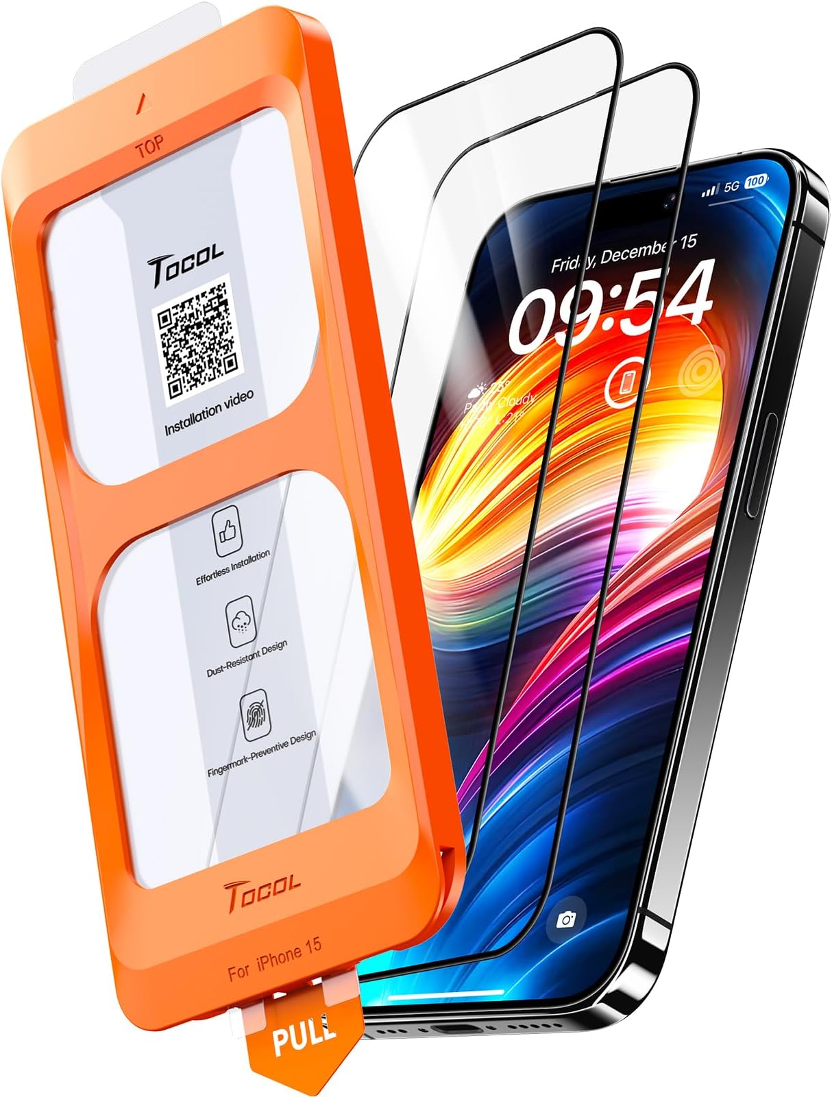 TOCOL 2 Pack for iPhone 15 Screen Protector 6.1-Inch, Instant Installation, 14FT Military Grade Shatterproof, Case Friendly, HD Clear Tempered Glass 9H+ Hardness, Full Coverage Protection