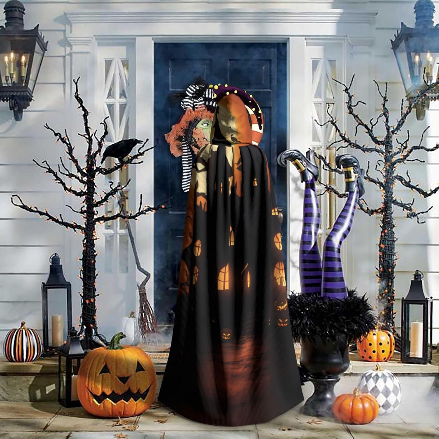 Unisex Full Length Hooded Halloween Christmas Party Robe Cloak Cape Cosplay Costume Men Women Scary Halloween Prints Black