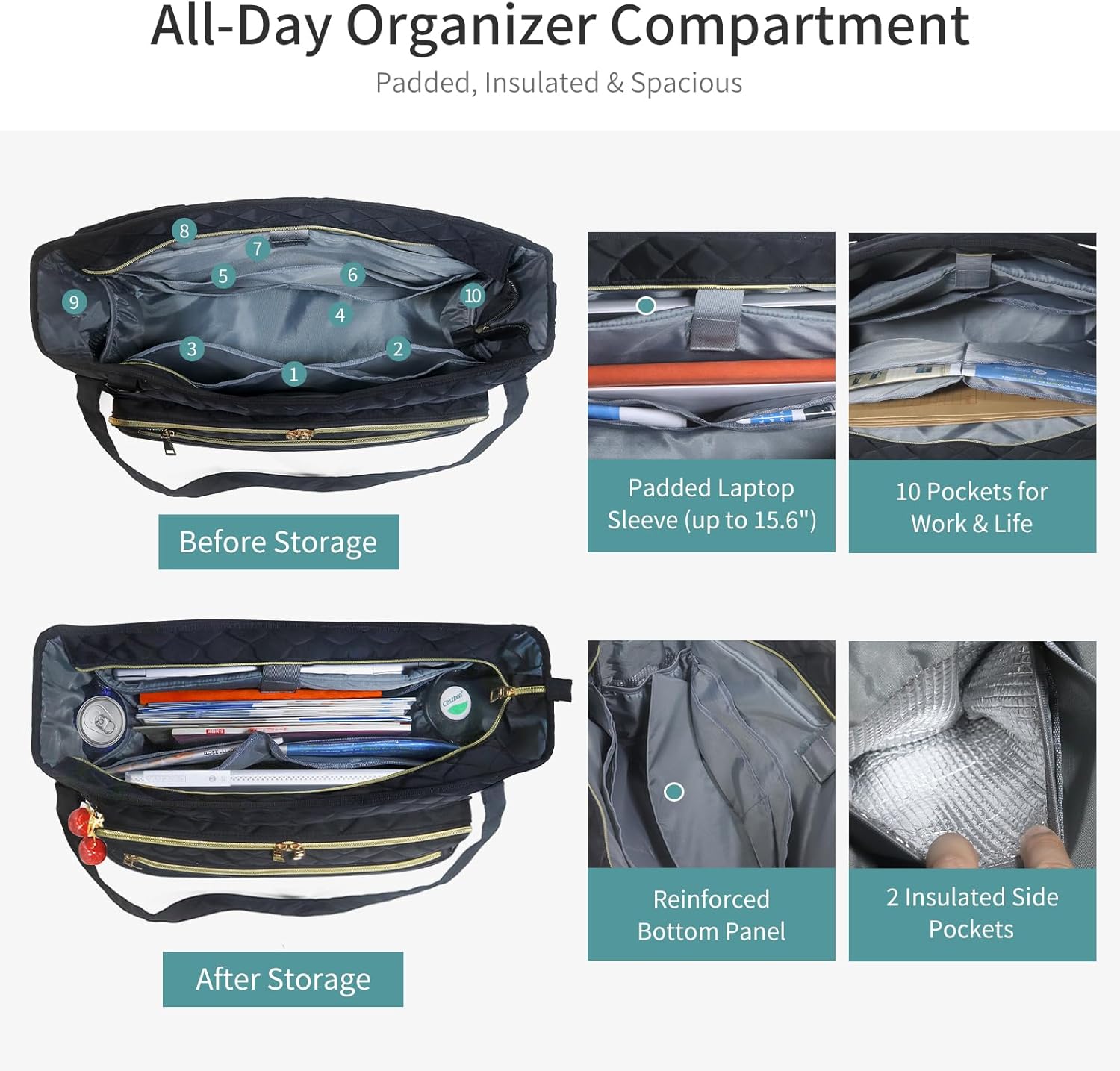 Miss or Miss Teacher Tote Bag for Women with 15.6 Inch Laptop Compartment, Accordion File Organizer, Large Professional Work Bag Utility Bag for School, Office, Nursing Black - Image 5