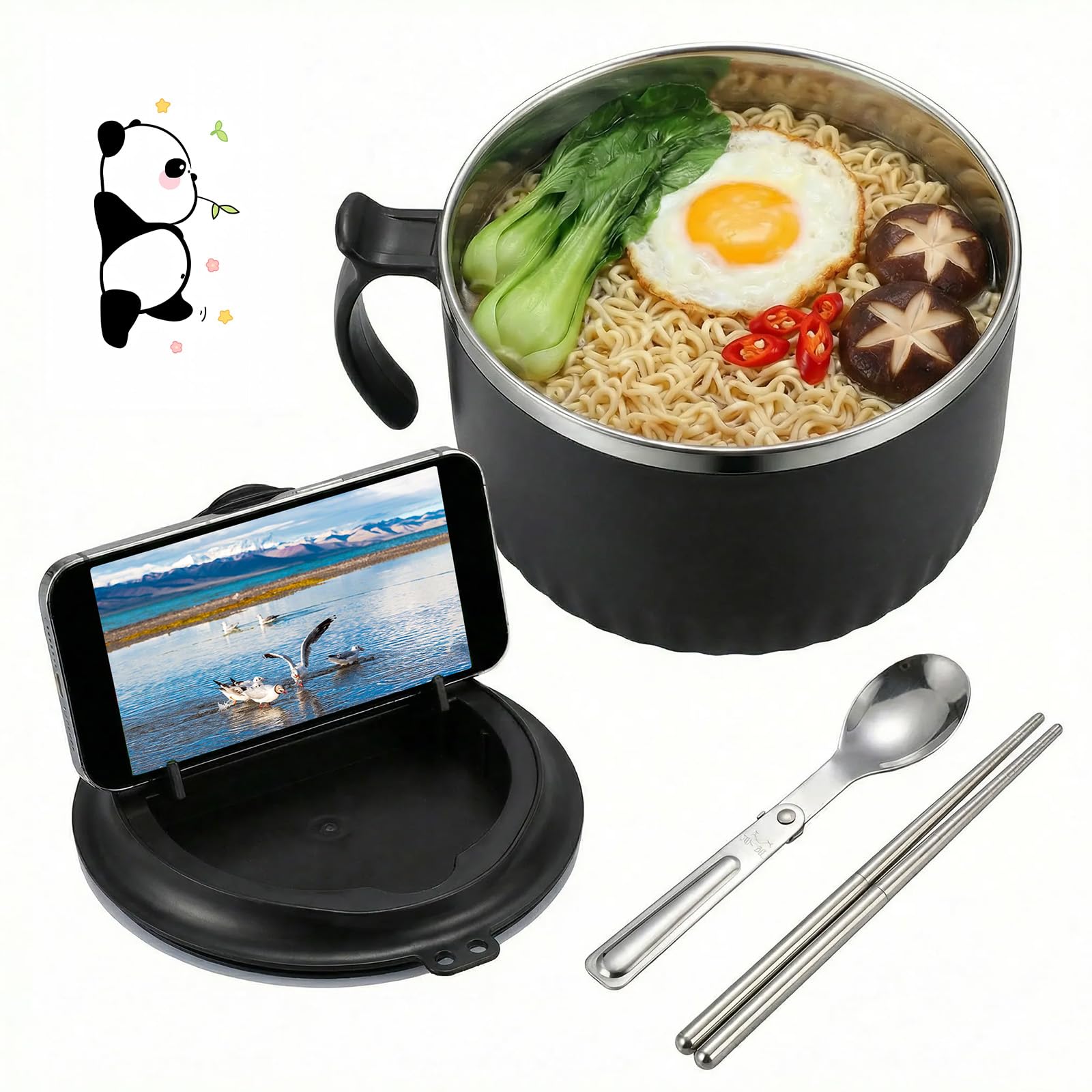 1.6L Rapid Ramen Bowl with Filterable Lid, Stainless Steel Noodle Bowls with Spoon Chopsticks & Cartoon Stickers ,Portable Ramen Cooker with Handle Dishwasher Safe for Office College Dorm(black)