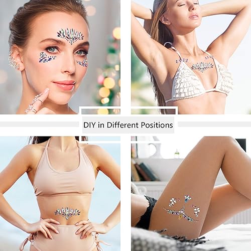 Miniatura 6 de Juego de 6 calcomanías faciales con purpurina para la cara, diseño de diamantes de imitación autoadhesivos, decoraciones temporales para festivales