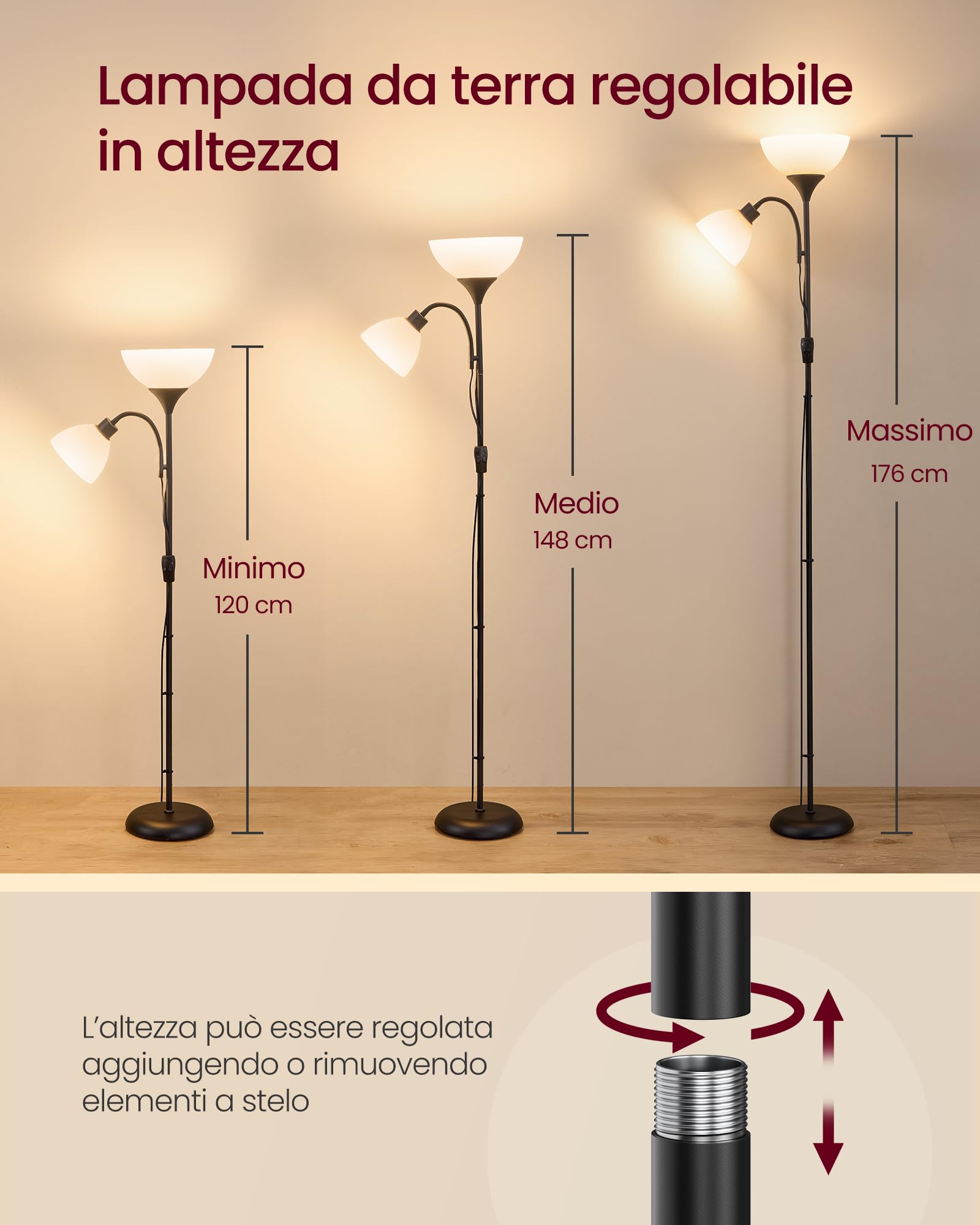 VASAGLE Lampada da Terra con Lampada da Lettura, Piantana in Ferro con Braccio Regolabile, 38,5 x 23,5 x 176 cm, Nero Opaco, per Soggiorno e Ufficio, Collezione Lusia LFL019B202