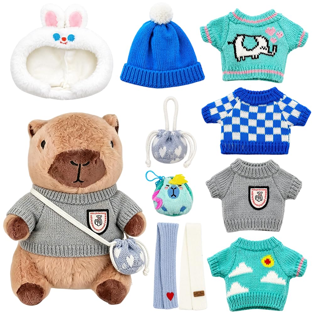 11 Pcs Dress Up Capybara Plush Toy, Capybara Plush With 10 Clothes, Stuffed Capybaras Toy, Super Soft Capybara Toys for Boys Girls, Christmas Birthday Gift, Home Decoration, Role Play Dress Up, Blue