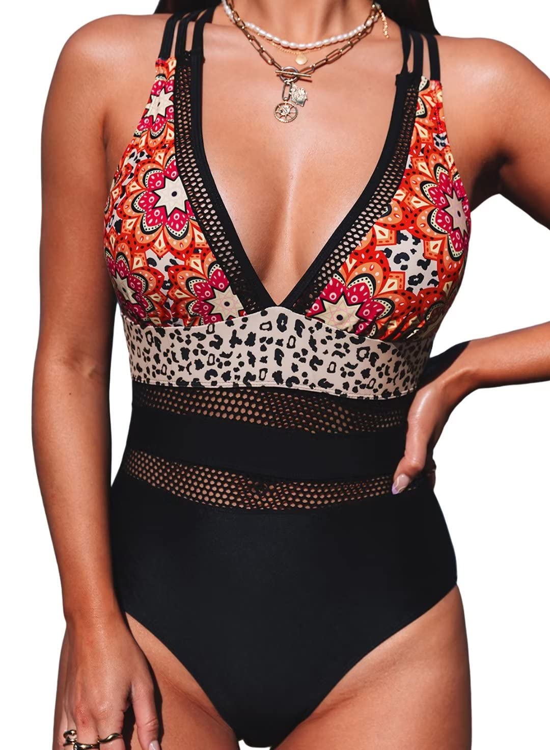 GOSOPINWomens V Neck Sleeveless Mesh Hollow Out One Piece Swimsuit Cross Back Swimwear Swimming Costume