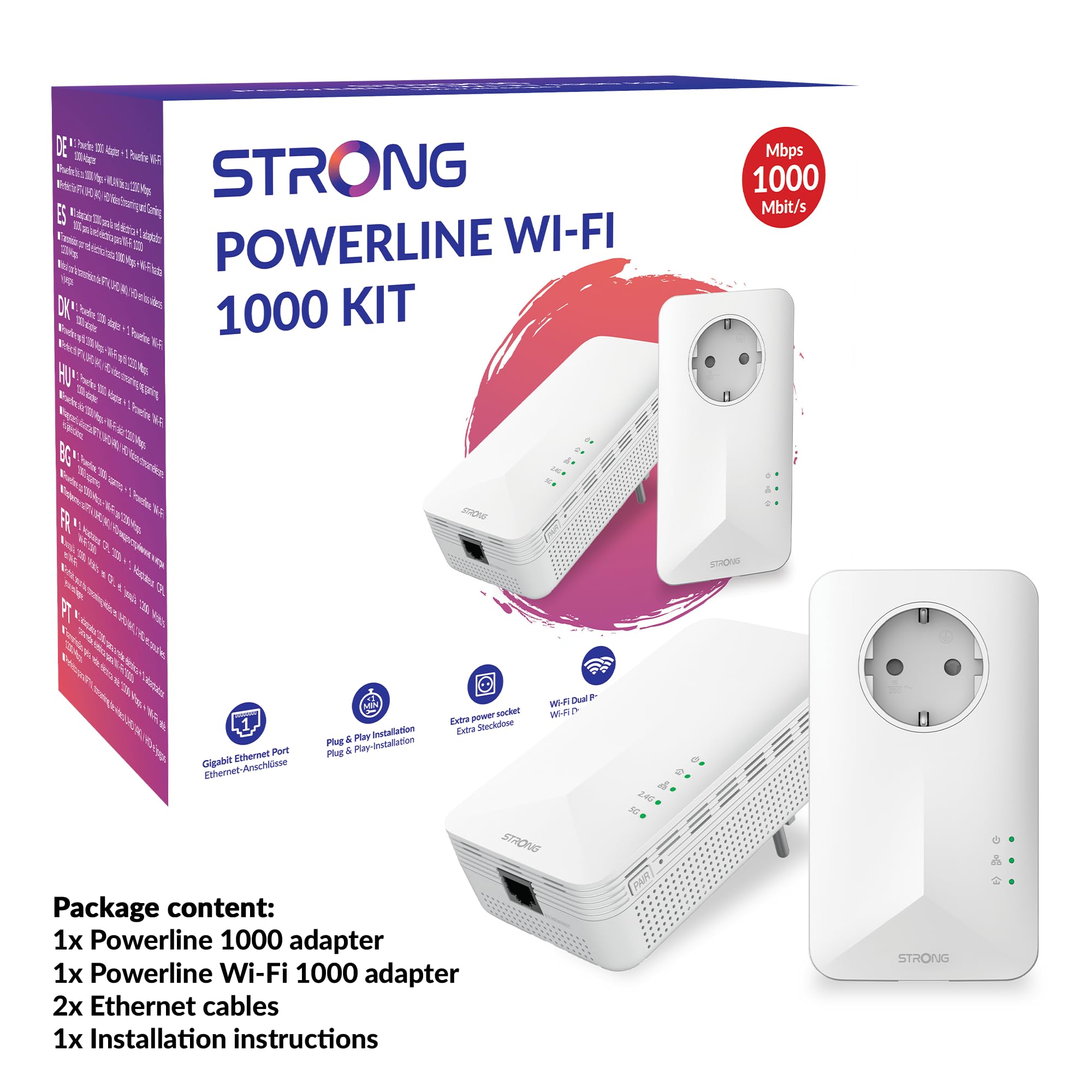 Strong Powerline WiFi 1000 Duo, 1000 Mbit/s, Adaptateur Wi-FI Haut débit, jusqu'à 300 m de portée, kit PowerLAN, Internet Via Prise de Courant, kit Hotspot Wi-FI, Port Ethernet