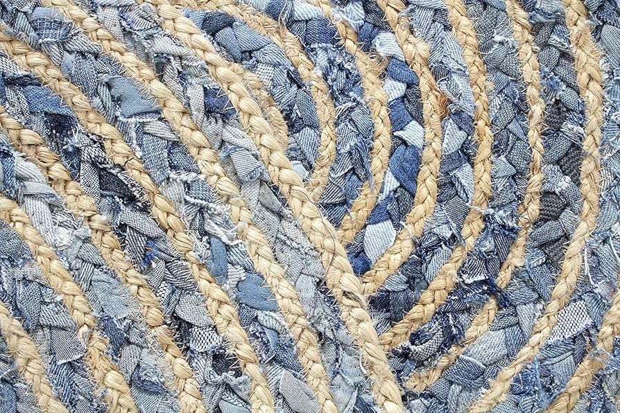 Image of Handwoven 3x3 feet Round Jute Rug, Natural Fibers, Braided Reversible Carpet for Stylish Bedroom Living Room Dining Room Kids Room (3x3 feet Round, Blue & Beige)
