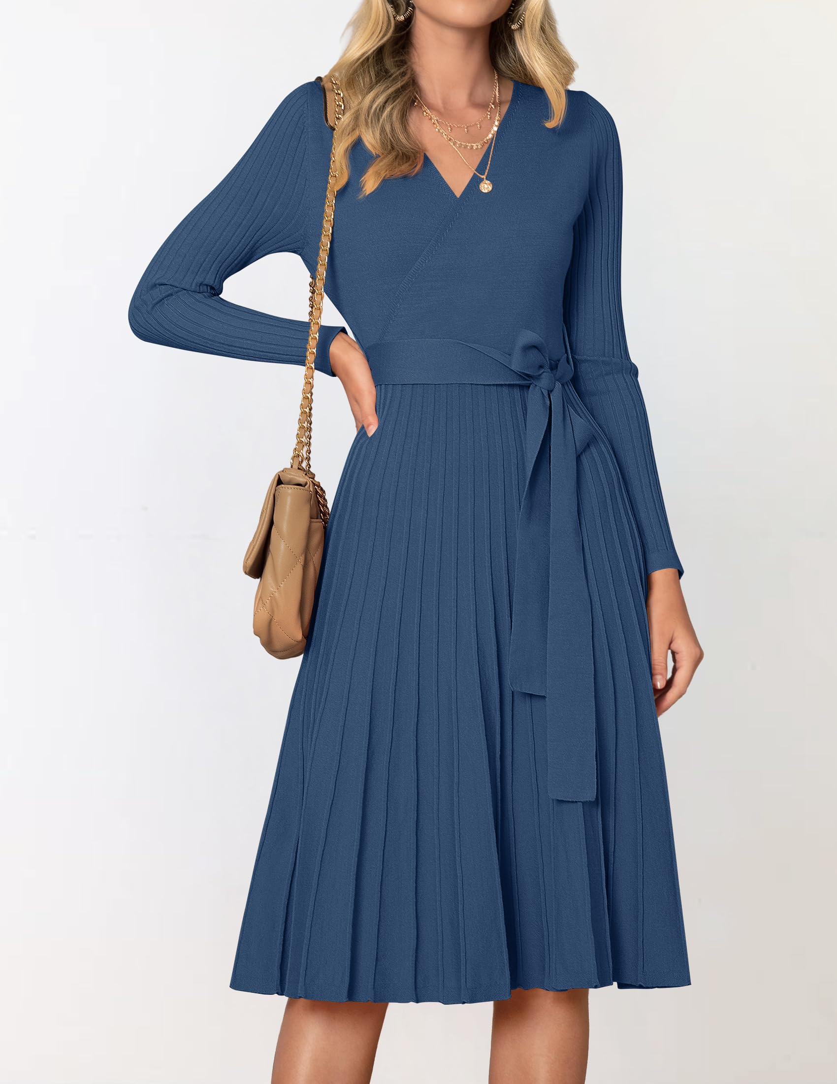 ZESICA Women's Fall Long Sleeve Wrap V Neck Ribbed Knit Pleated A Line Pullover Sweater Dress with Belt,Navy,Medium