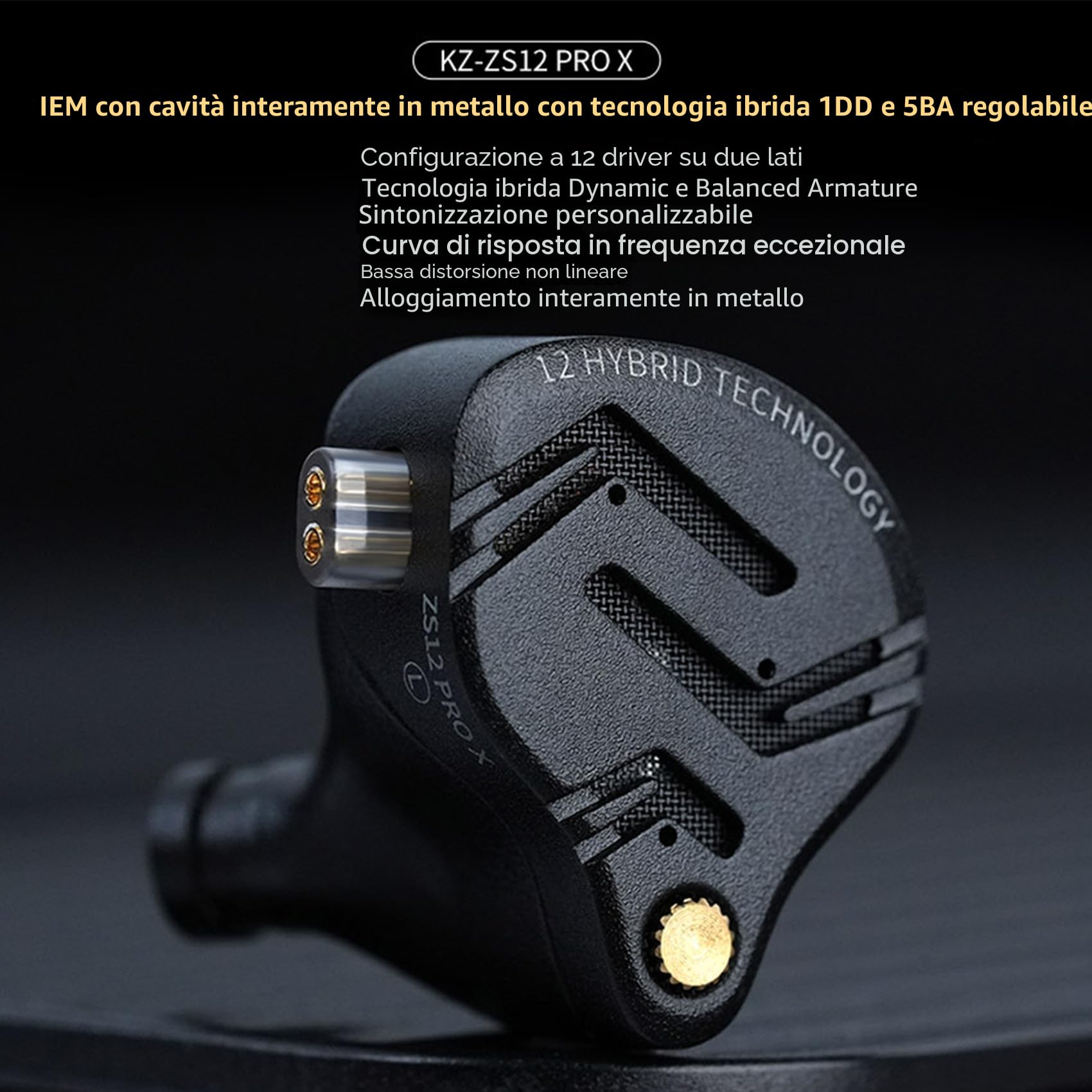 KINBOOFI KZ ZS12 PRO X - Cuffie in-ear monitor IEM, 1DD+5BA, ibridi cablati da gioco, auricolari KZ, con cavo a 2 pin, per audiofili (colore nero scuro, versione sintonizzabile, senza microfono)