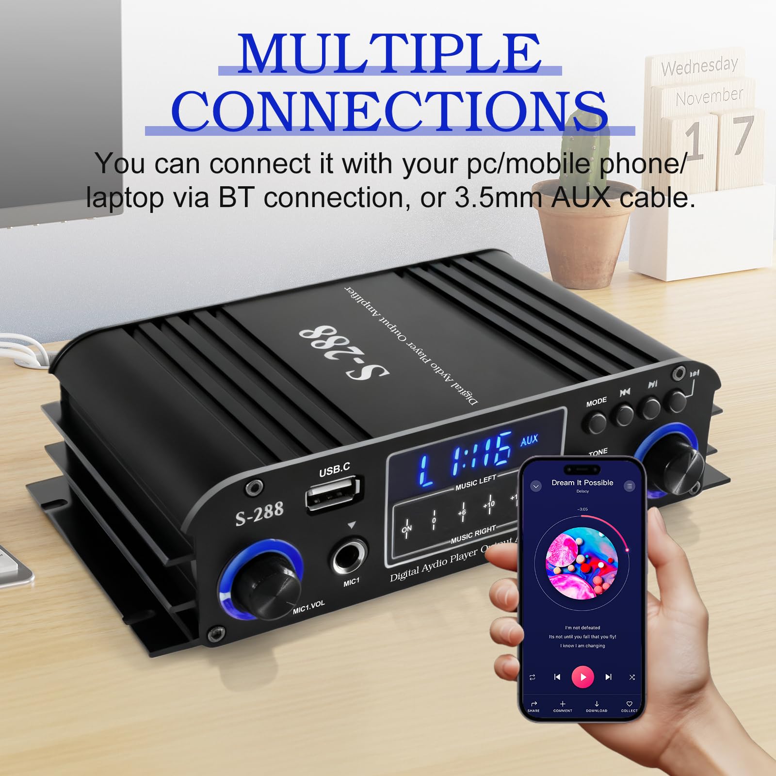 Amplificatore a 4 canali, amplificatore di potenza audio 1200 W, Bluetooth 5.0, 30 Wx4 con USB/Microfono/FM con telecomando, amplificatore Hi-Fi integrato per la casa o la tua auto
