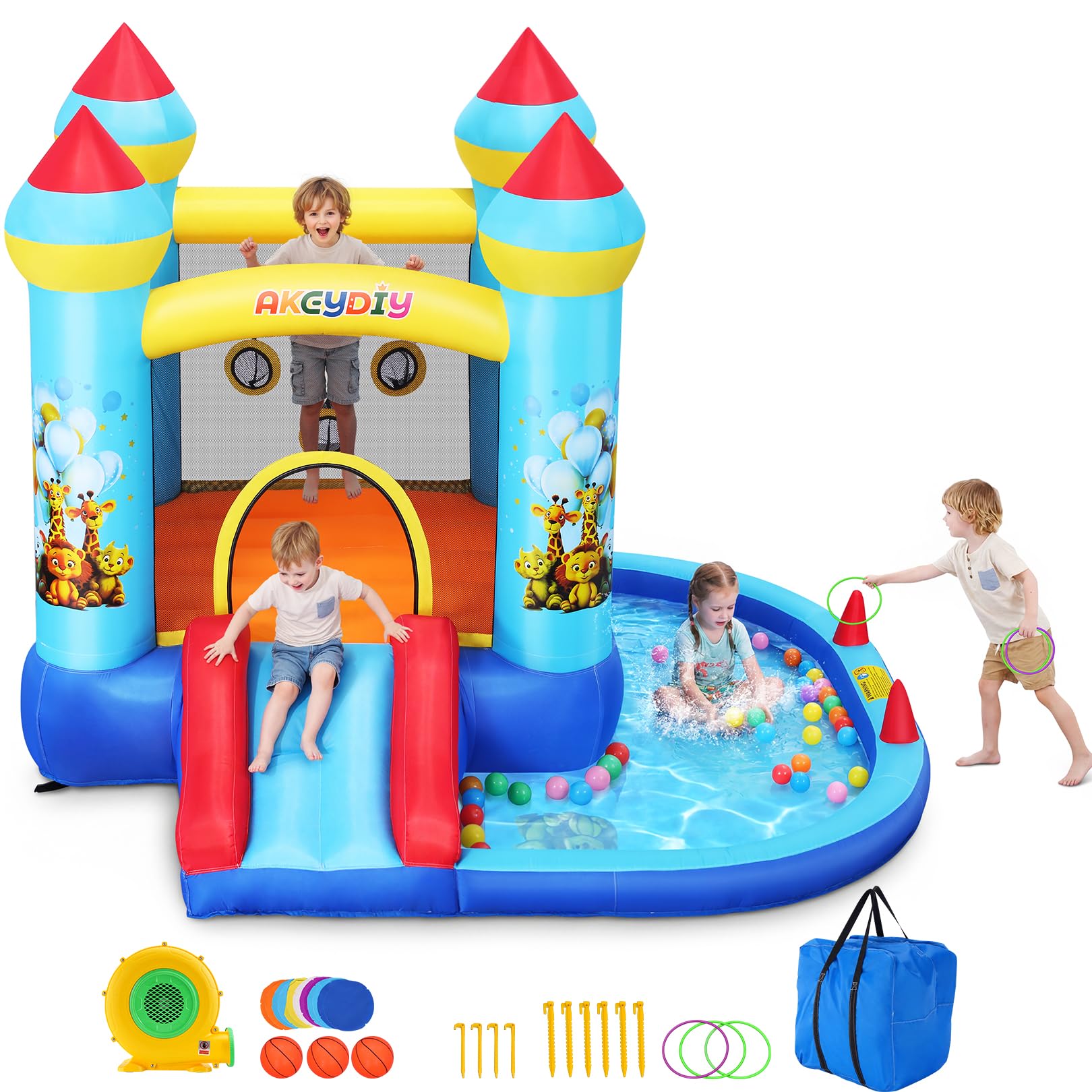 AKEYDIY Castillo Hinchable con Tobogán y Piscina de Bolas 310 x 265 x 215 cm, para Niños de 3 a 10 Años, para Interior/Exterior (Azul con Piscina)