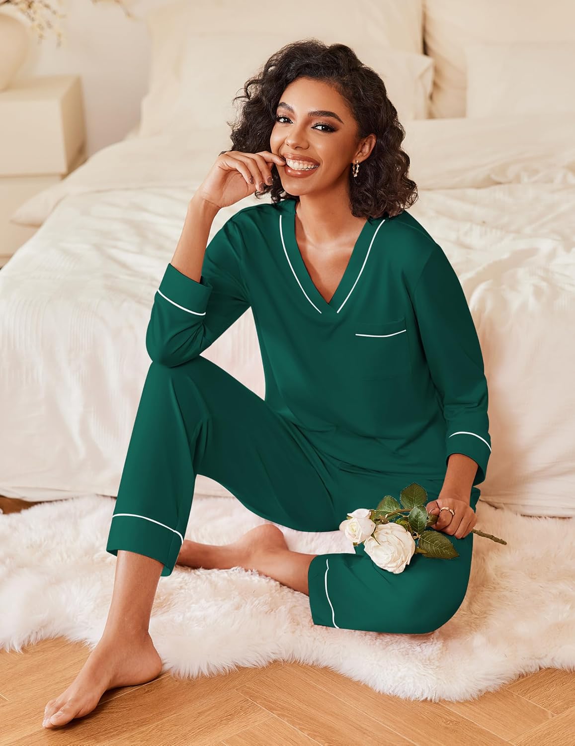 Ekouaer Women's Pajamas Sets 2 piece PJs V Neck Long Sleeve Sleepwear Comfy Pants Loungewear with Pocket - Image 5