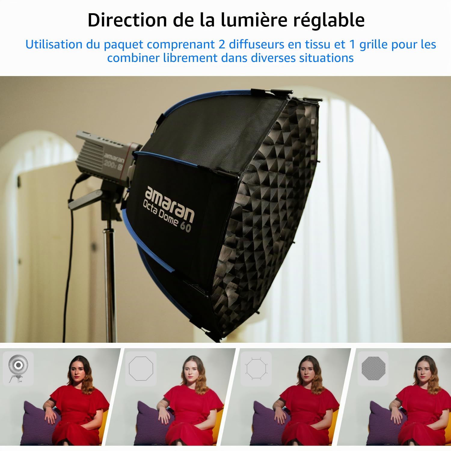 Amaran Octa Dome 60 Boîte À Lumière Octogonale Monture Bowens, Modeleur Rapide avec Diffusion & Grille pour Portraits & Interviews, Portable avec Sac De Transport