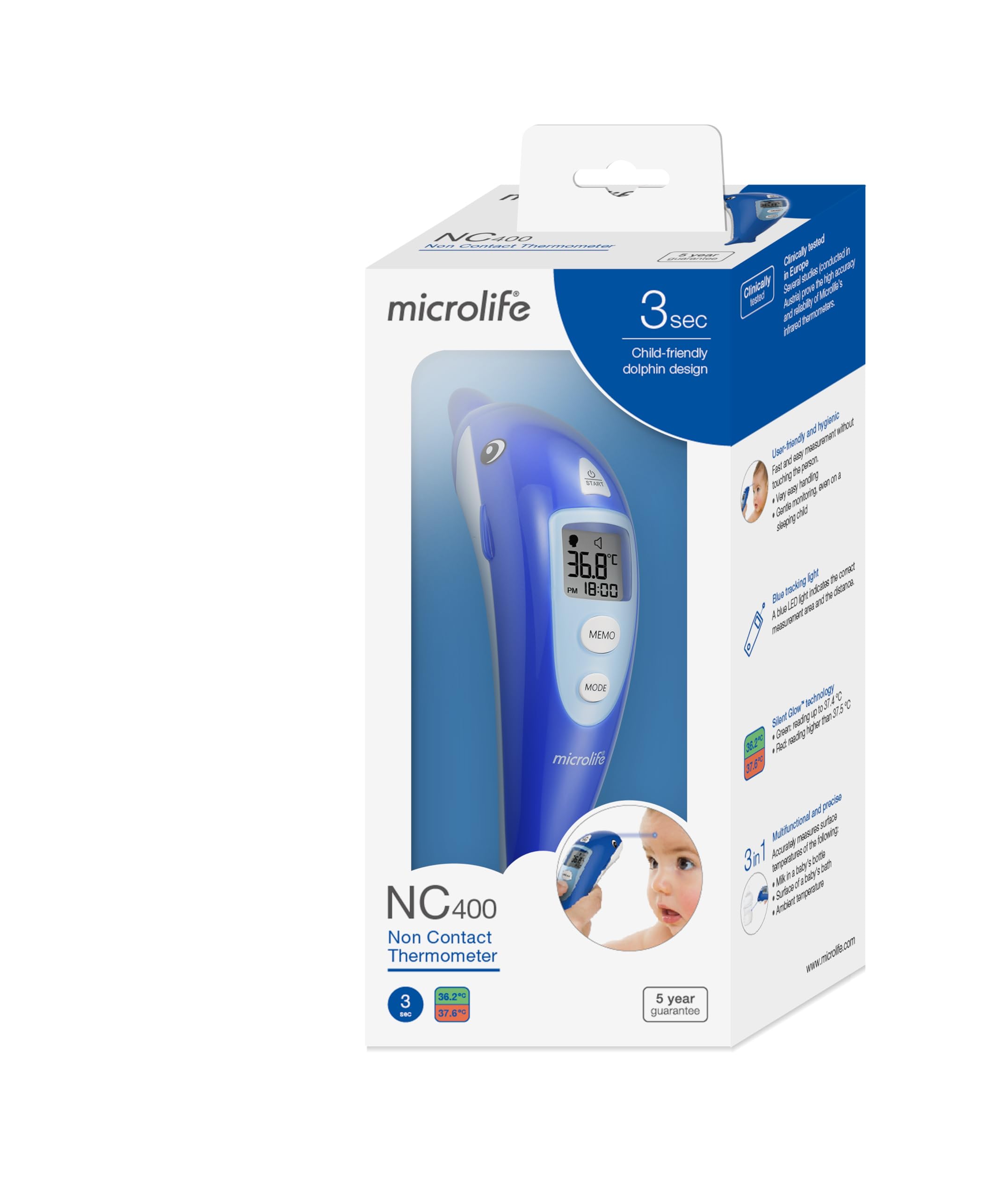 Microlife - Termometro Frontale Senza Contatto NC 400 - Validato Clinicamente, Guida Luminosa, 3 Modalità (Corpo/Oggetto/Ambiente), Design per Bambini, Alta Precisione, Garanzia 5 Anni