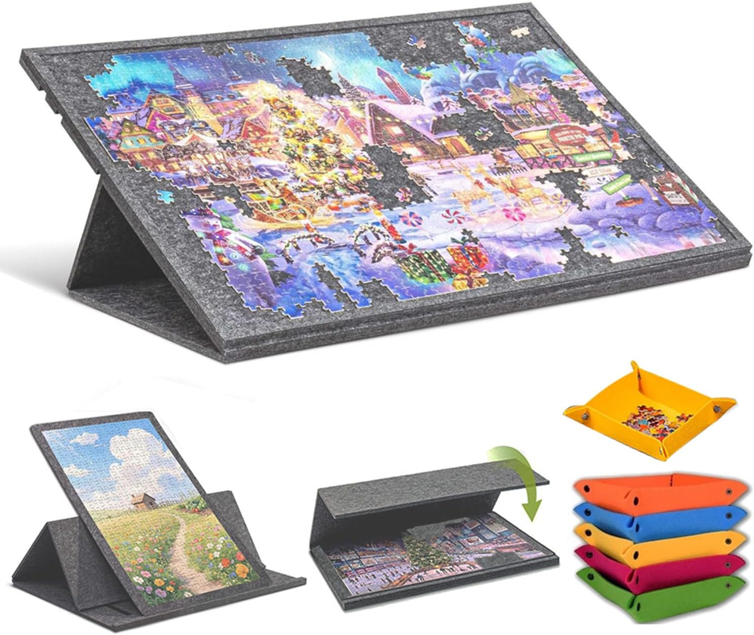 1000 Piece Puzzle Board with Stand and Lid 2 in 1, Puzzle Tray, Portable Puzzle Mat with 6 Coloured Sorting Bowls, Puzzle Storage, Non-Slip Felt, Adjustable Angle, Grey