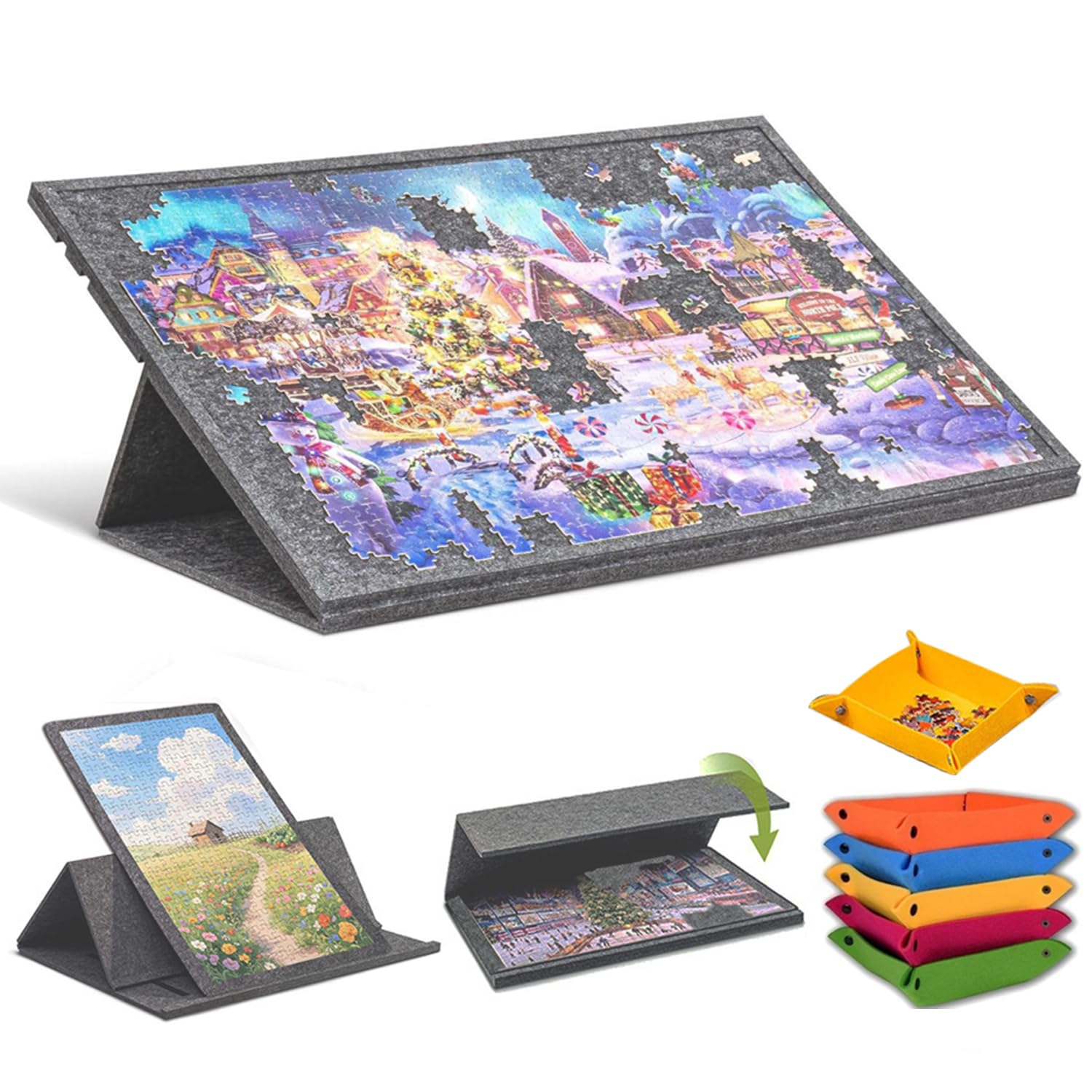 Plateau De Puzzle 1000 Pièces avec Support Et Couvercle 2 en 1,Plateau Puzzle,Tapis De Puzzle Portable avec 6 Bols De Tri Colorés,Rangement De Puzzle,Feutre Antidérapant,Réglable en Angle,Gris