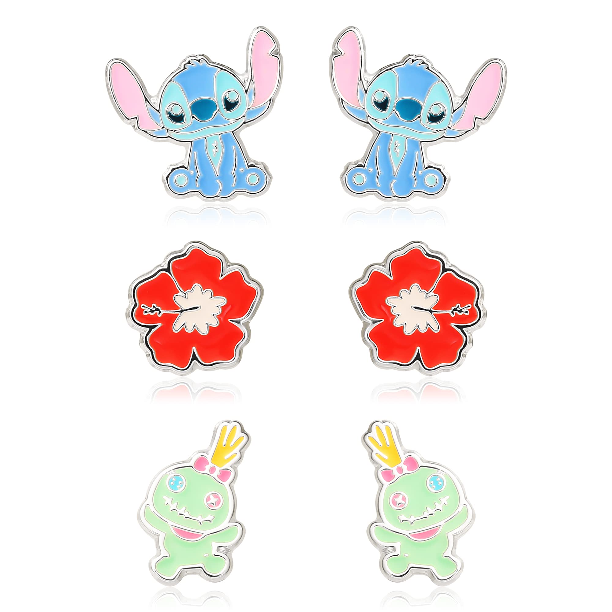 DisneyLilo and Stitch Experiment 626 Silver Plated Stud Earring Set, 3 Pairs - Officially Licensed