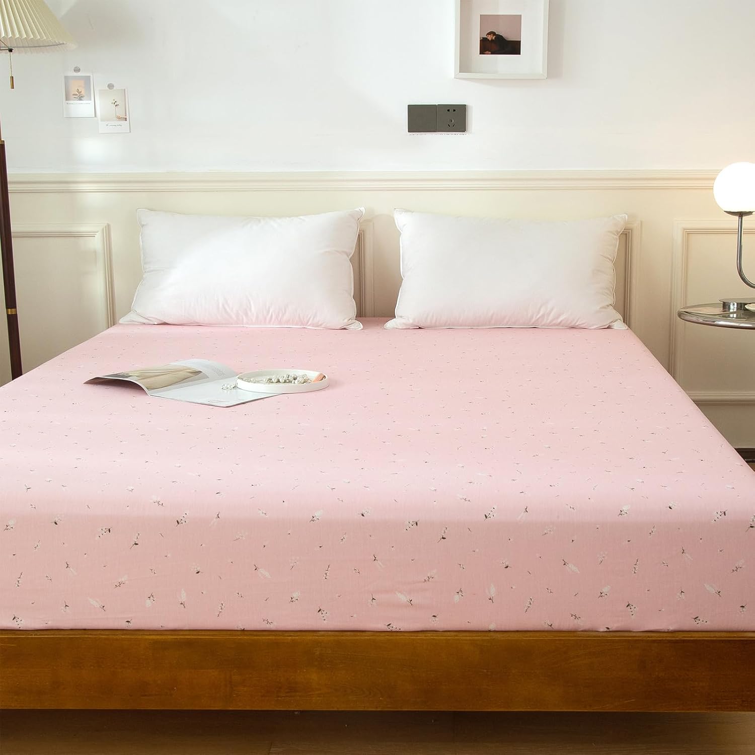 EAVD Botanical Bedding Set Twin Soft Cotton Bed Sheet with Deep Pocket 1 Piece Pink Fitted Sheet Only Soft Lightwewight and Breathable