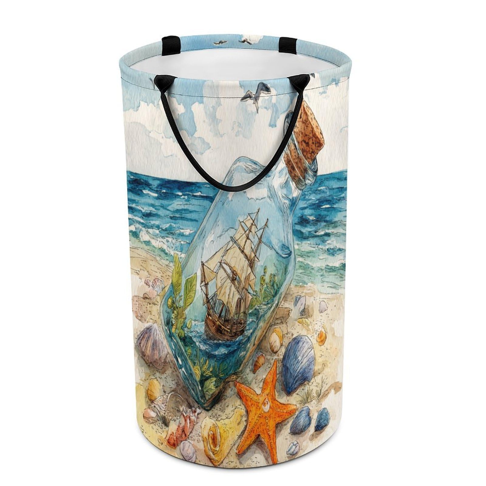 LUYYSKY Modern Nautical Pirate Ship Collapsible Dirty Clothes Basket, Retro Watercolor Beach Animals Seagulls Starfish Portable Clothes Storage Laundry Basket-40 CM Dia, 69 CM High