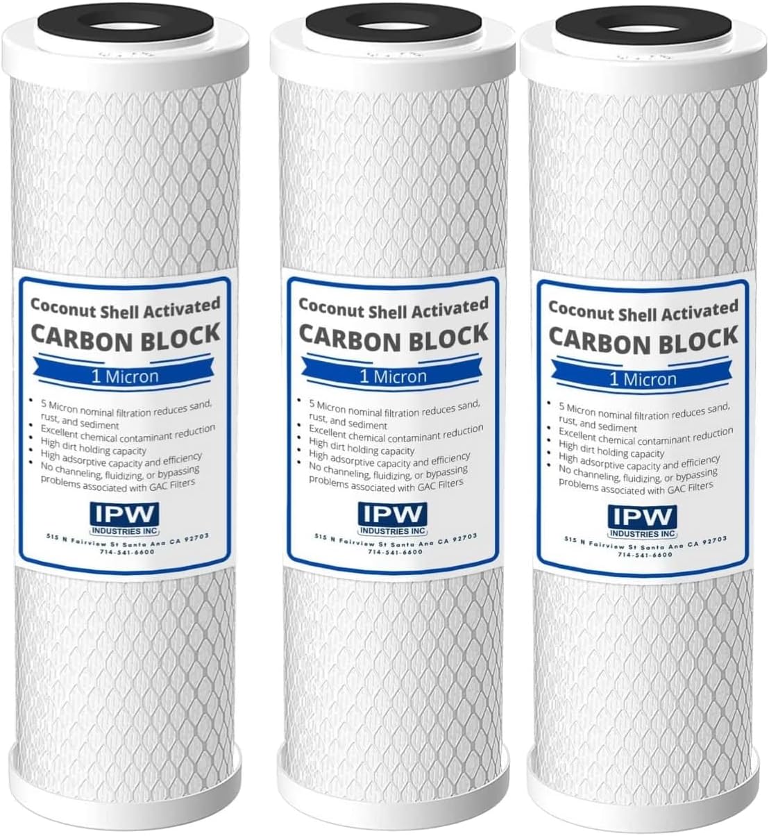 IPW Industries Inc. 3-Pack 1 Micron Activated Carbon Block Water Filter Cartridge - Premium 10" x 2.5" Water Filter Replacement for Undersink Systems
