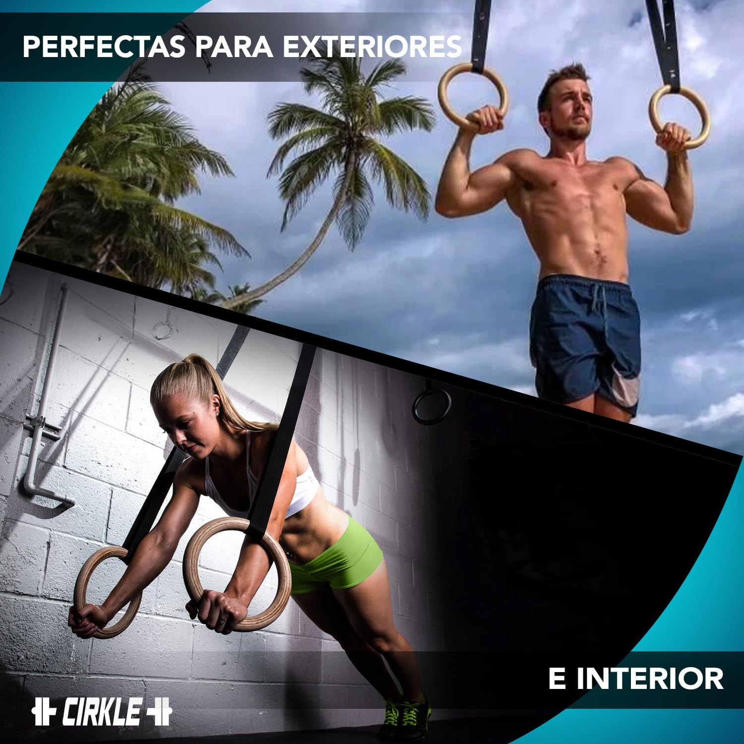 Original Cup CIRKLE | 2 Anillas de Madera para Gimnasia | 23 cm de Diámetro con Correas Ajustables | Entrenamiento, Fitness, Musculacion, Deporte | Fácil Fijación, Máxima Seguridad | Aerobik