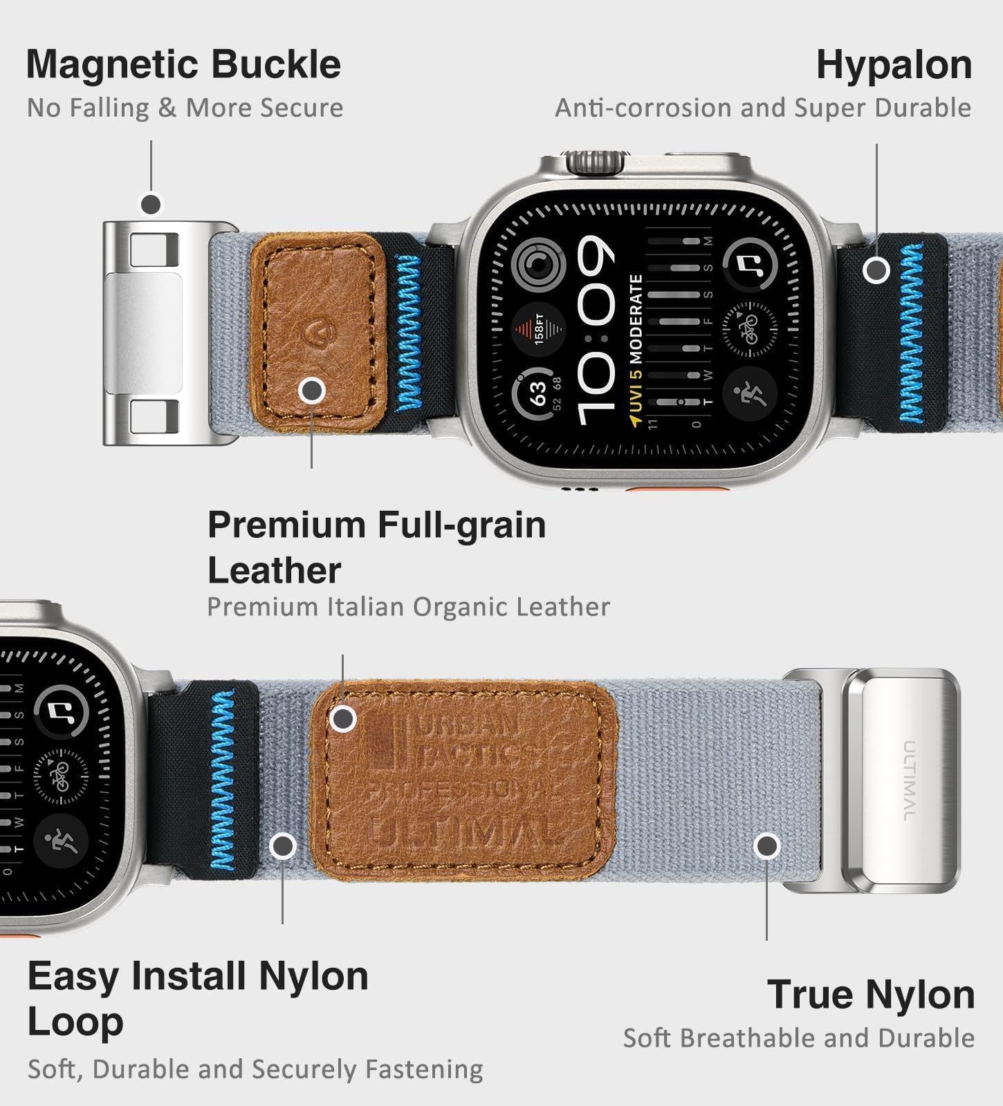 ULTIMAL Bracelet magnétique en nylon pour Apple Watch 49 mm, 46 mm, 45 mm