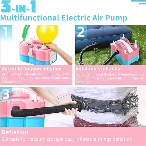 Miniatura 5 de Biapian Bomba de globo eléctrica, bomba de aire eléctrica portátil 3 en 1 para globos e inflables, máquina sopladora de globos de doble boquilla