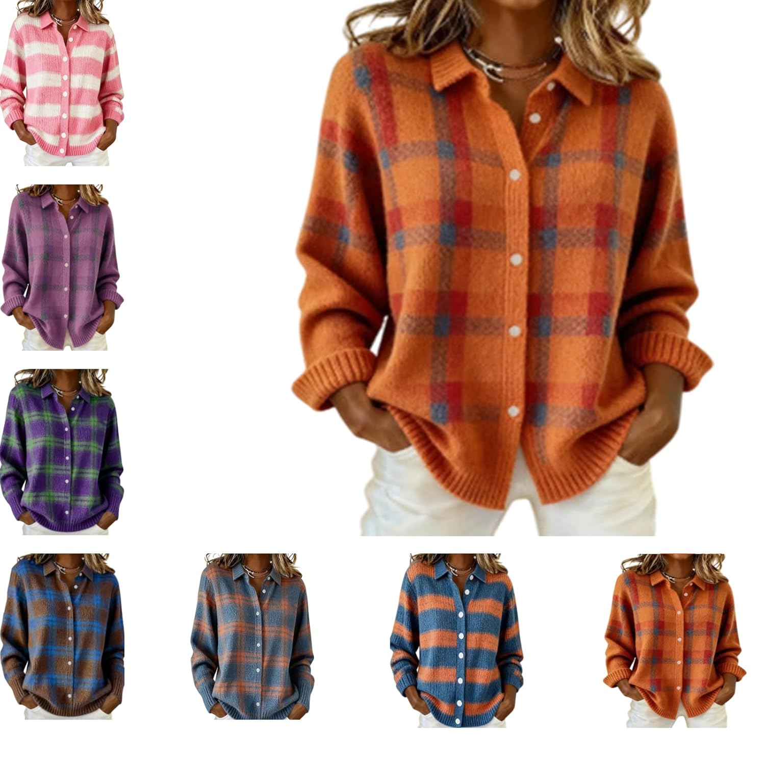 Womens Plaid Knit Button Cardigan Fluffy Casual Checkered Cotton Sweater Oversized Button Up Fall Winter Top