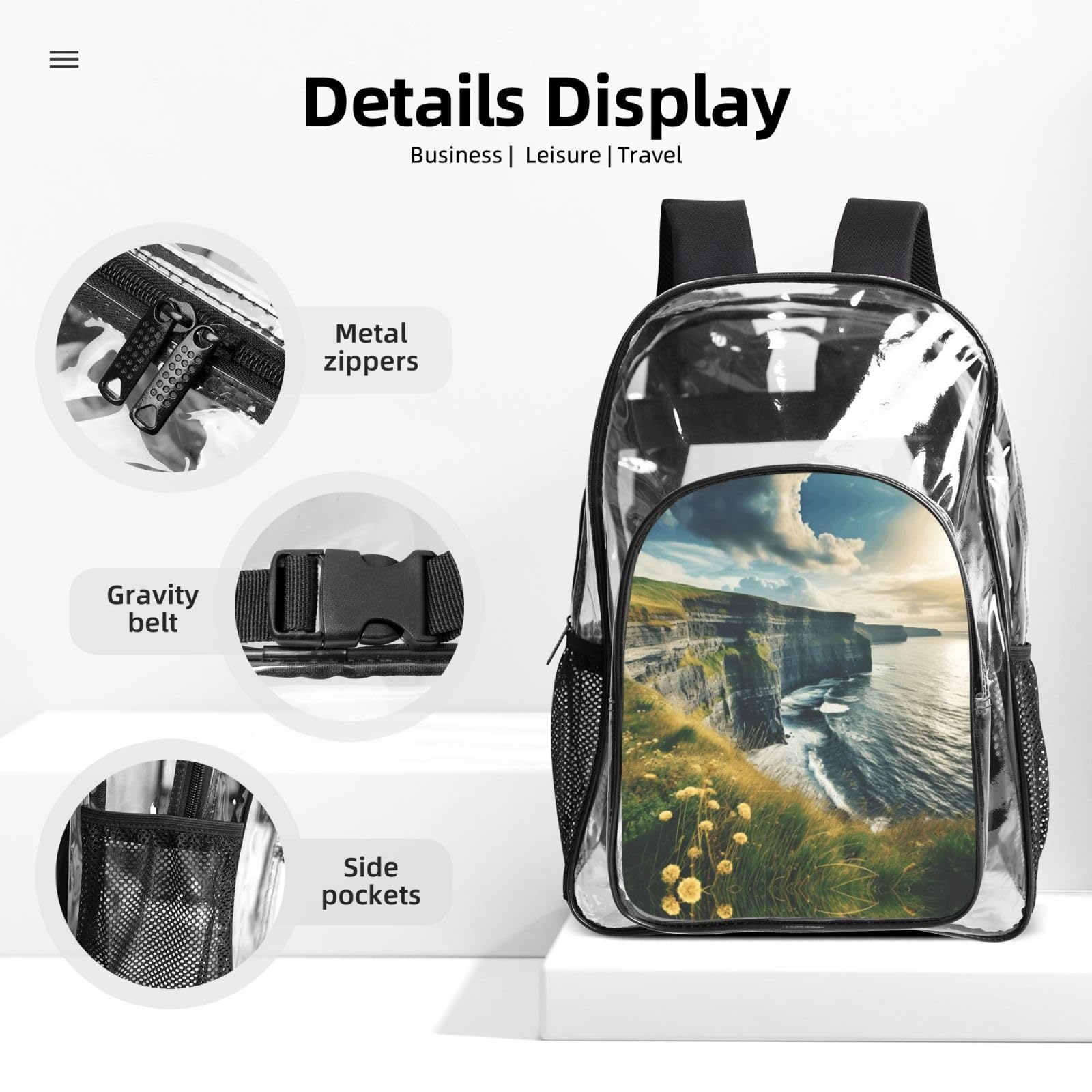 Ireland Outdoors County Clare The Cliffs Set zaino stampato 3 in 1 Set di borse trasparenti per scuola, lavoro, stadio, eventi e trasporto quotidiano