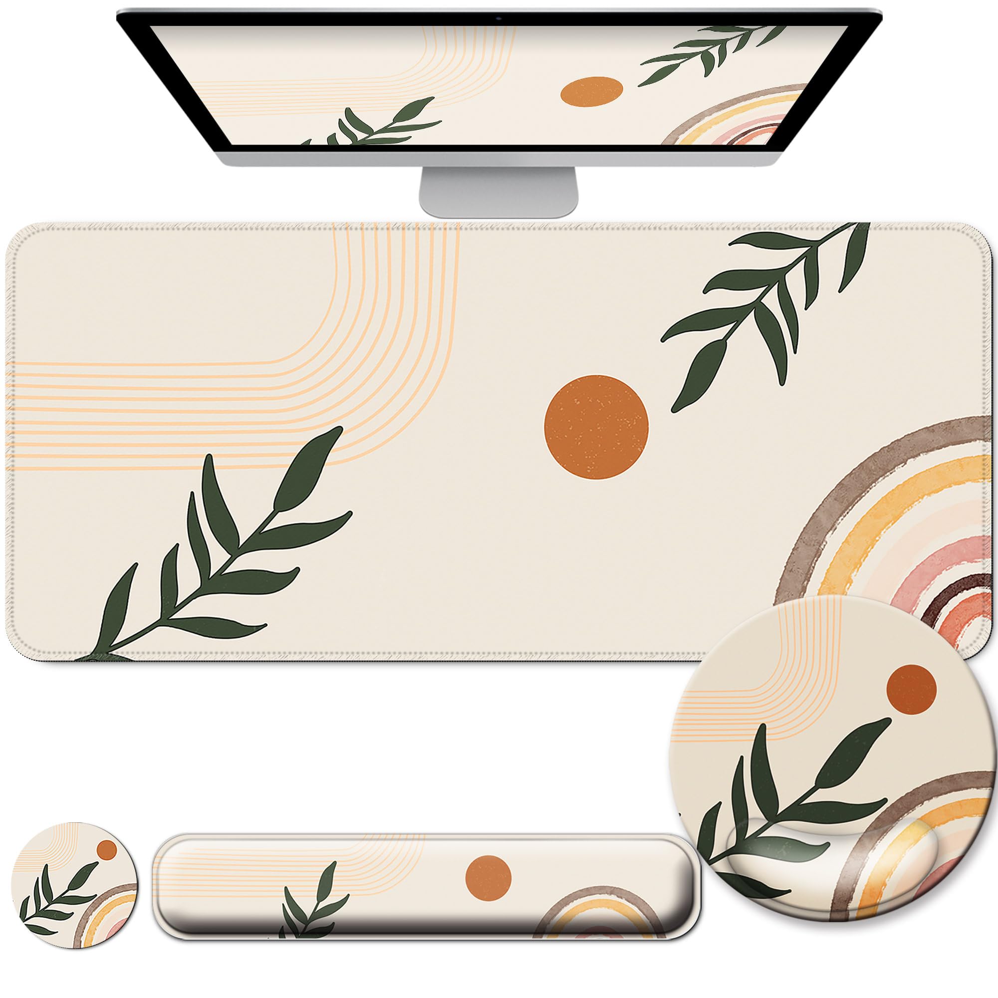 Desk Mat Set + Keyboard and Mouse Pad with Wrist Rest Support,4-in-1 Large Mousepad Computer Mats for Desktop Home & Office-Boho Leaves