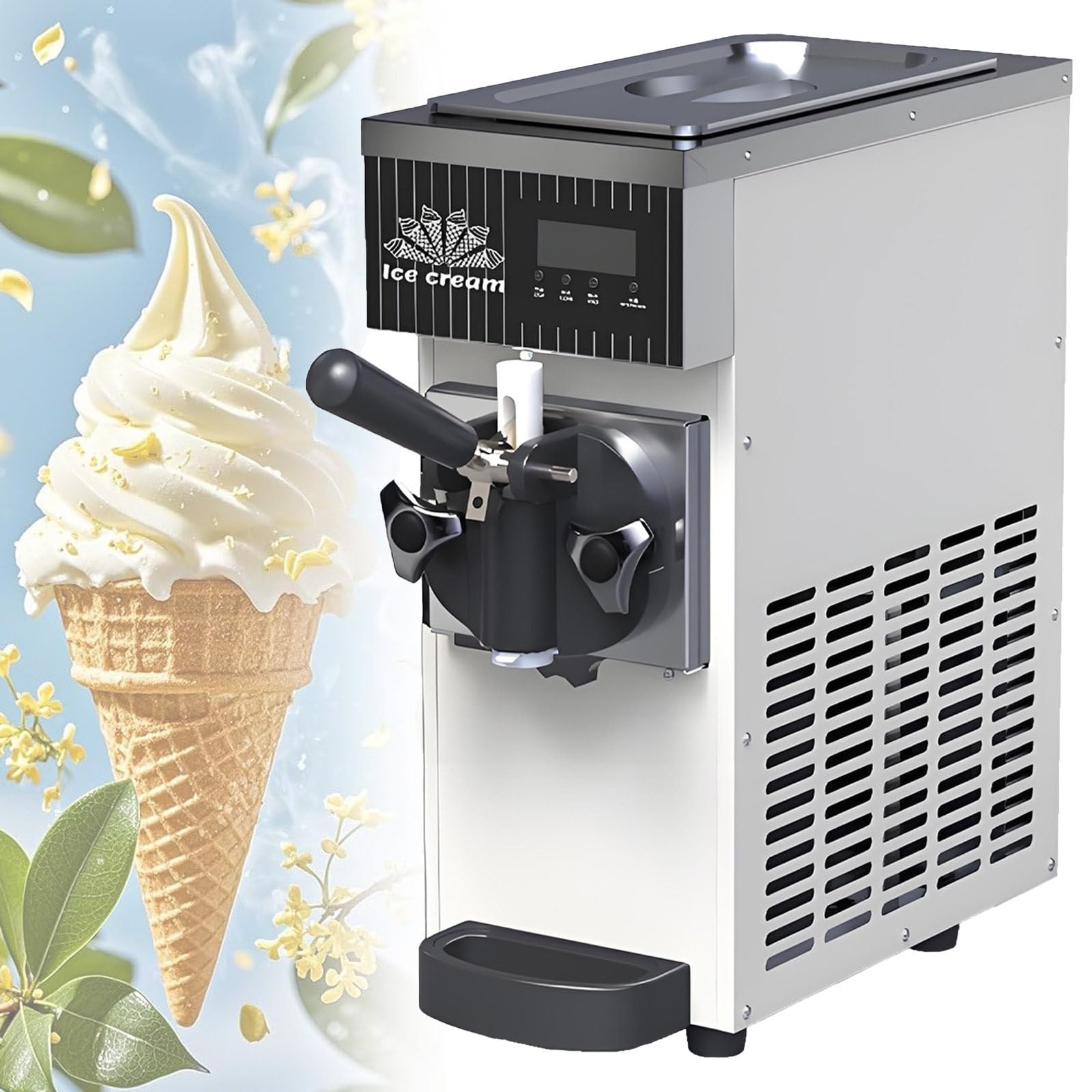 NYANS Macchina per Gelato Monogusto, Produzione 4-5/5-8 kg/h, Tramoggia Refrigerata da 2,5-3.5 L, Serbatoio di Congelamento da 1L, Autopulizia, Pannello LCD, Gelatiera Soft da Banco 450W-White