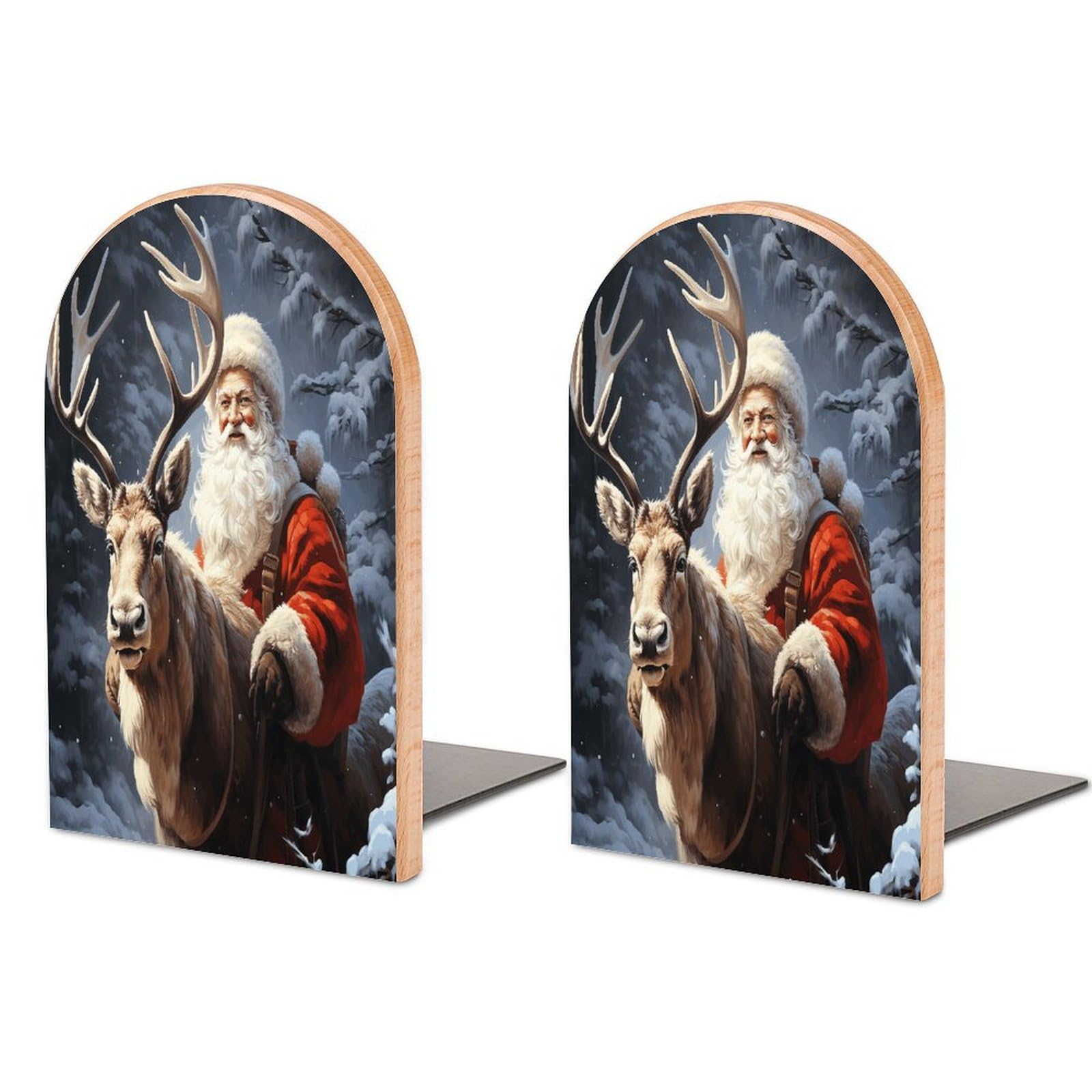 Santa Claus and Deer Elk Bookend Wood Book End for Shelves Heavy Duty Non-Slip Wooden Bookend Support Universal Economy Bookends Fancy Modern Decorative Book Accessories 1 Pairs