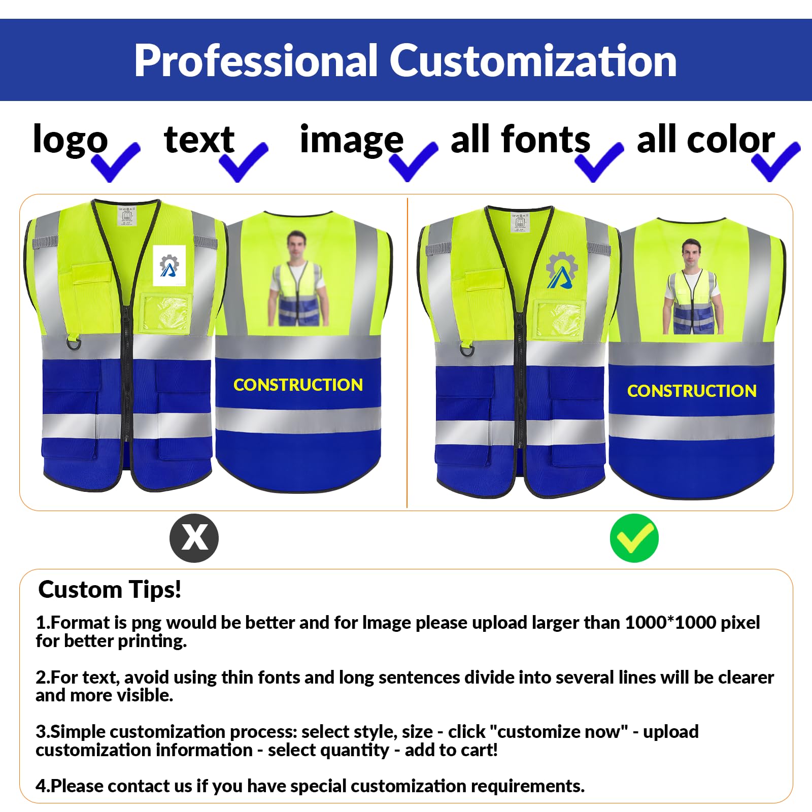 BeautyWill Cutsomize High Visibility Safety Vest with Logo?Custom Your Logo in Reflective Hi Vis Vest with Zipper & Pocket(010YellowBlack, L)