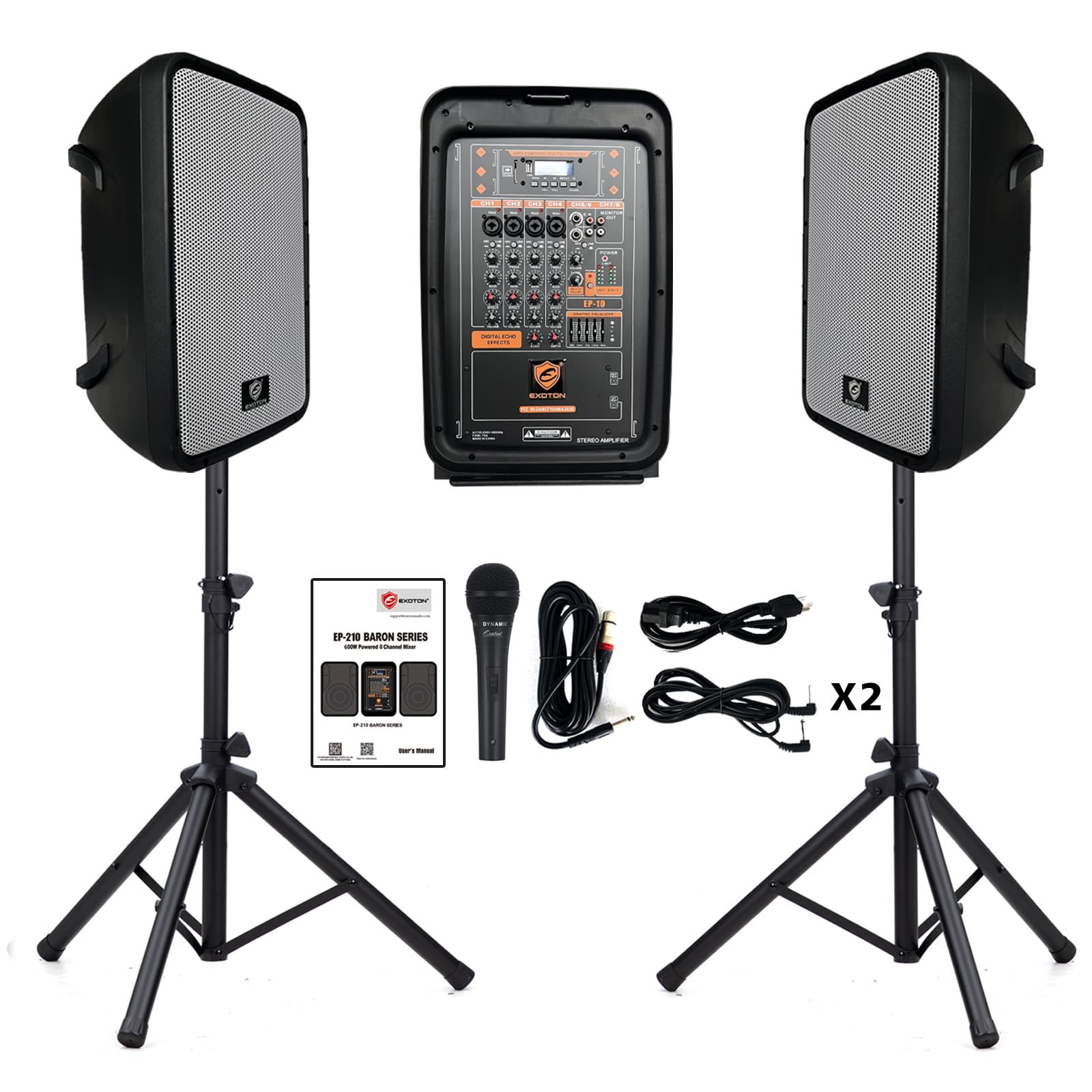 EXOTON EXOTON 10inch PA System with 8-Channel Mixer,Portable 600W Bluetooth Speakers,USB/SD/FM/5-band EQ, Includes 2 Speaker Stands/Mic/48V Phantom Power,for Indoor&Outdoor