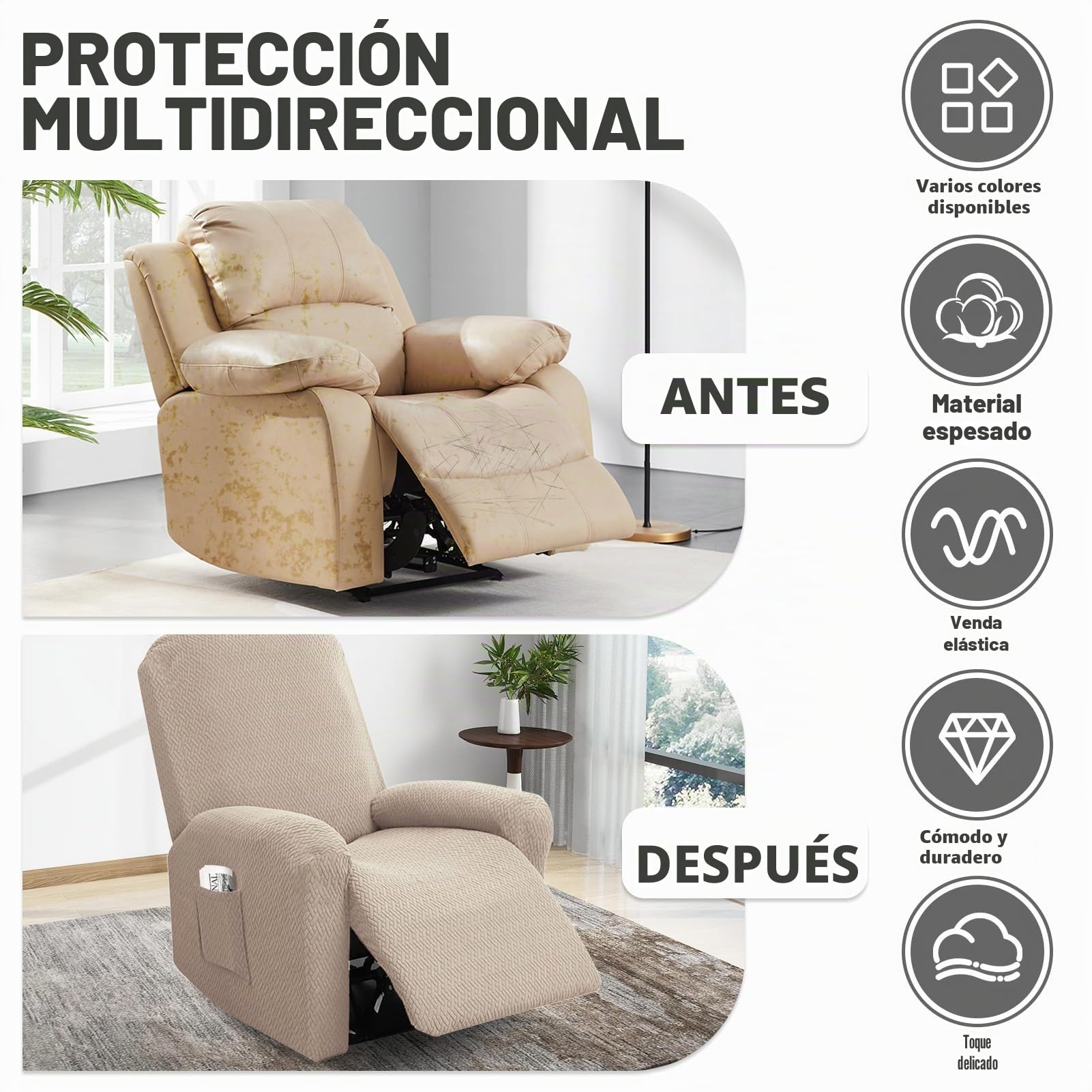 Funda Sillon Relax Reclinable 1 Plaza, Funda Sofa Relax con Bolsillos, Fundas Elástica de Jacquard a Rayas Diseño Todo Incluido para Sillón Reclinable (Marrón Grisáceo, 4-Piezas)