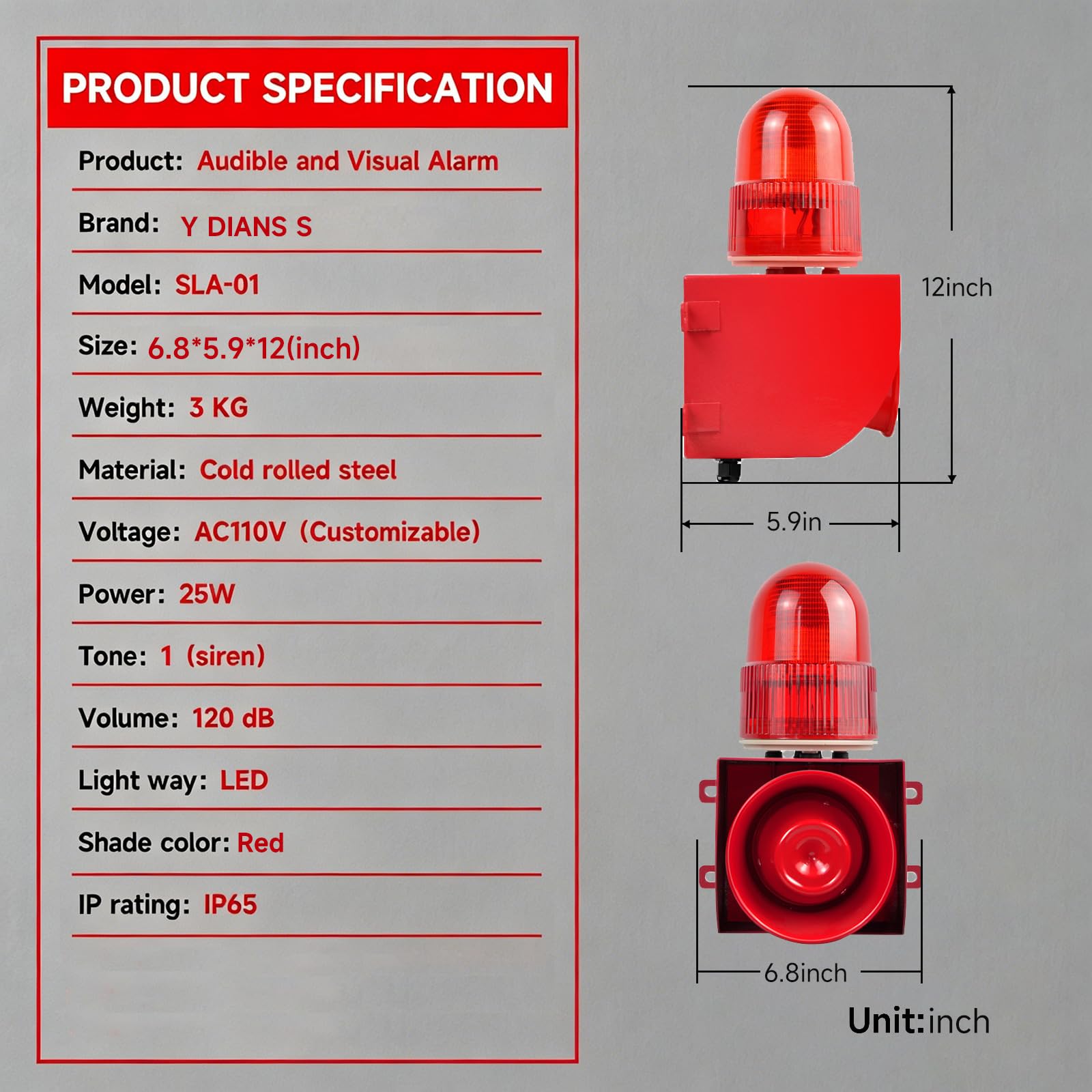 YASONG SLA-01 - Alarma industrial, LED estroboscópico de 120 dB, claxon, para máquinas grandes y línea de producción, sirena de inicio, trabajo de arranque, alarma de emergencia, protección contra
