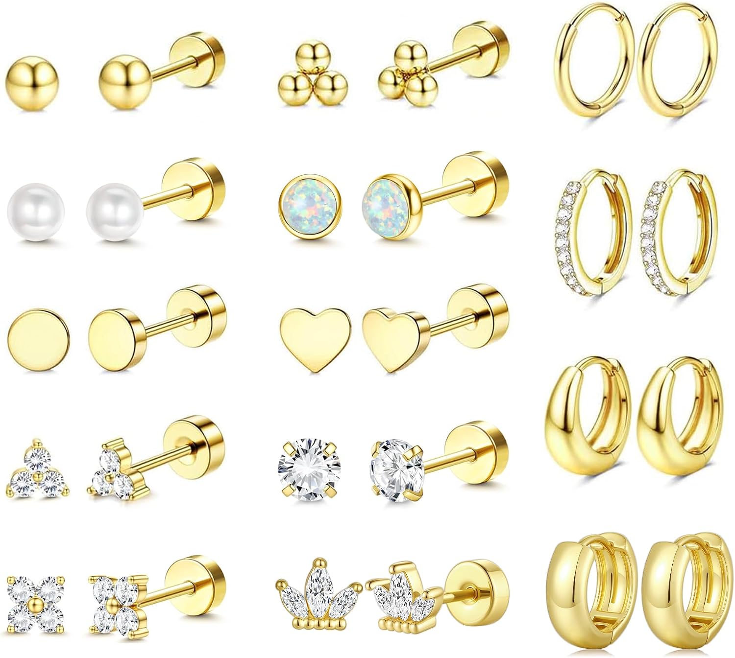 TINGN 14 Pairs Flat Back Earrings for Women Hypoallergenic Surgical Steel Earrings for Sensitive Ears 20G Cartilage Earring Stacks 14K Gold Plated Hoops Stud Earring Sets for Multiple Piercing
