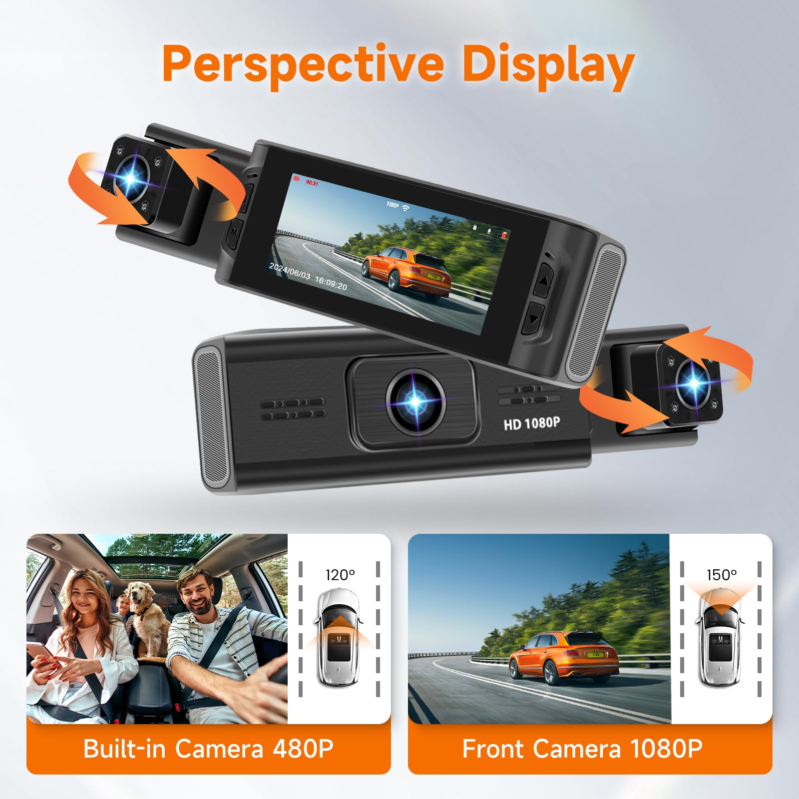 Hodozzy Dashcam Cámara Coche Frontal e Interior 1080P Dash CAM con Pantalla IPS de 3,16 Pulgadas, Dual WiFi Dashcam Coche con App, Tarjeta 64G, Grabación en Bucle Visión Nocturna,Ajuste de Exposición