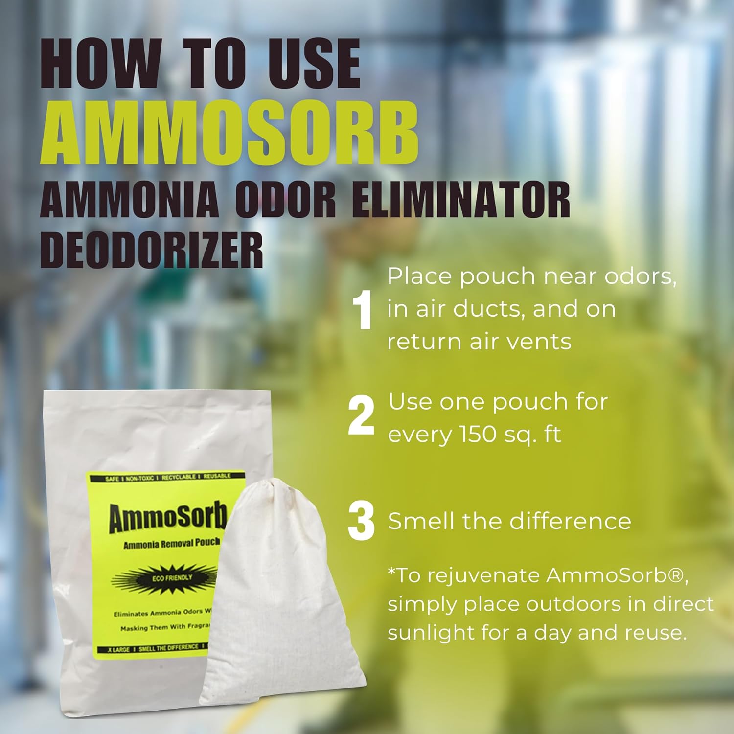 Reusable Ammonia Odor Eliminator Deodorizer Pouch: Treats 150 Sq. Ft.
