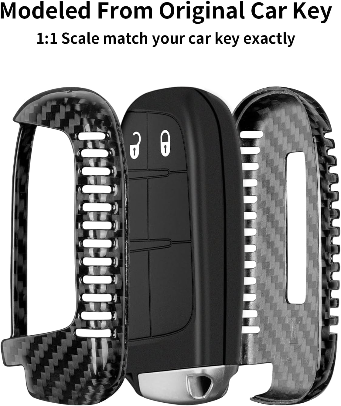 T-carbon Carbon Fiber Key Fob Cover Compatible with Jeep Protection Key Case Fits for Grand Cherokee Cherokee DodgeRAM Durango Challenger Journey Dart Fiat Renegade Chrysler Smart Key 2009-2023,Black