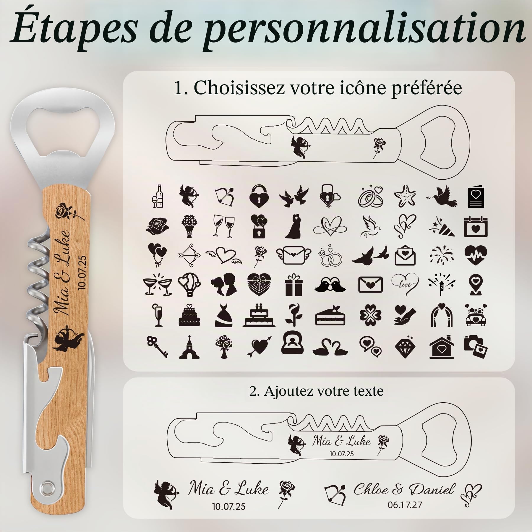 10 Pièces Tire Bouchon Personnalisé, Cadeau Invité Mariage, Décapsuleur en Bois Gravés Double Face, Idéal pour Bar, Maison, Anniversaire et Fête