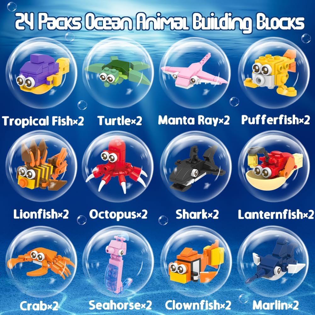 WODMAZ 24 Packs Sea Animal Building Blocks for Kids Easter Egg Fillers Basket Stuffers Egg Hunt Birthday Party Favor Gift, Classroom Exchange Prize