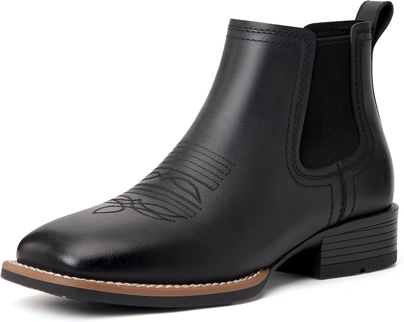 Julyrose Cowboy Boots for Men Square Toe and Pull-On Chelsea Ankle Boots | Western Style,PU Upper,Elastic Side Panels,Slip-Resistant TPR Outsole,Casual,Dress,Ranch,Farm,Rodeo,Party,Daily Wear