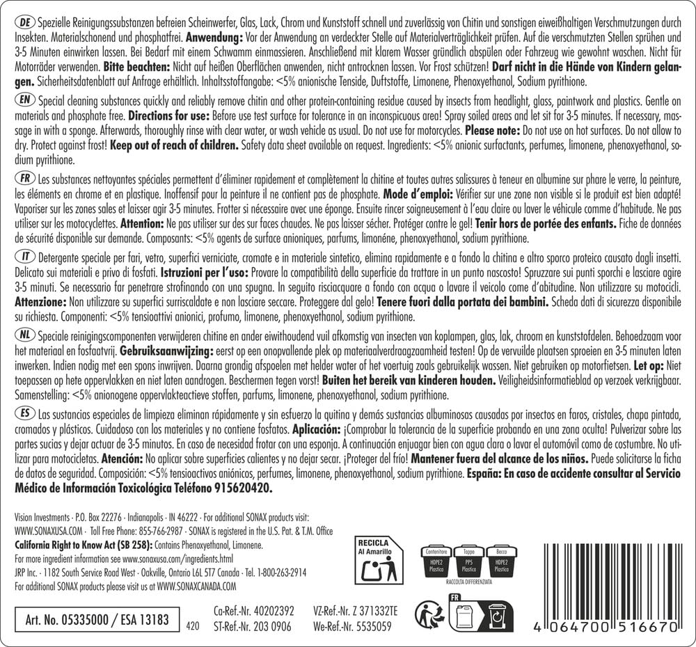 SONAX Detergente rimuovi insetti (5 Litri) Detergente speciale per rimuovere residui di insetti da superfici in vetro, vernice, cromature e plastica | Art. N. 05335000