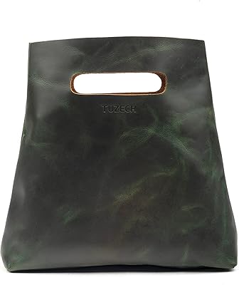 Tuzech Minimalist Handbag Handmade from Full Grain Leather and Sheepskin (Peat Moss)
